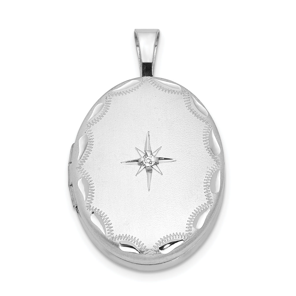 Sterling Silver Rhodium-plated & Diamond Side Scallops 19mm Oval Locket