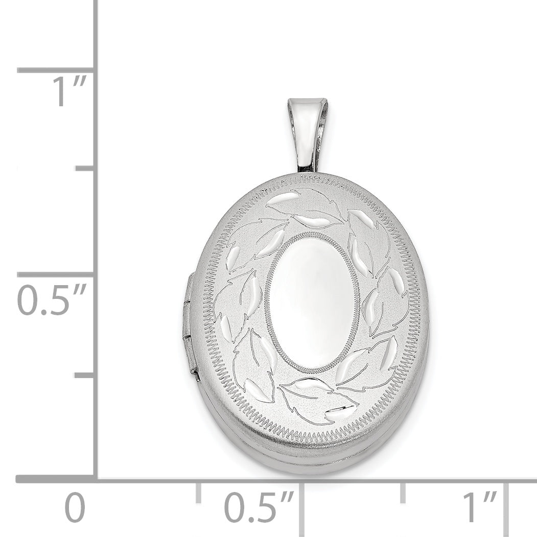 Sterling Silver Rhod-plated Polished & Satin Leaf Border 19mm Oval Locket