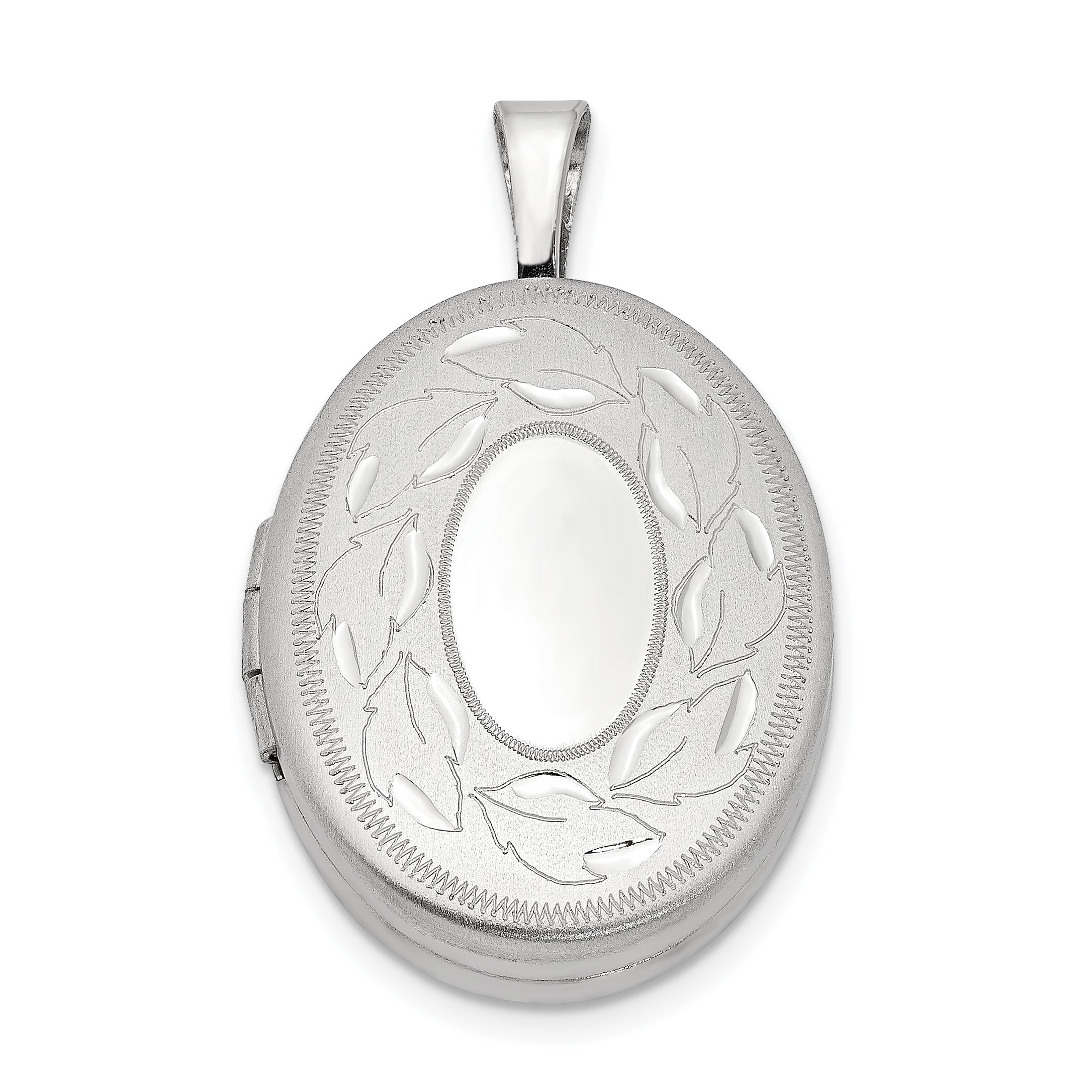 Sterling Silver Rhod-plated Polished & Satin Leaf Border 19mm Oval Locket