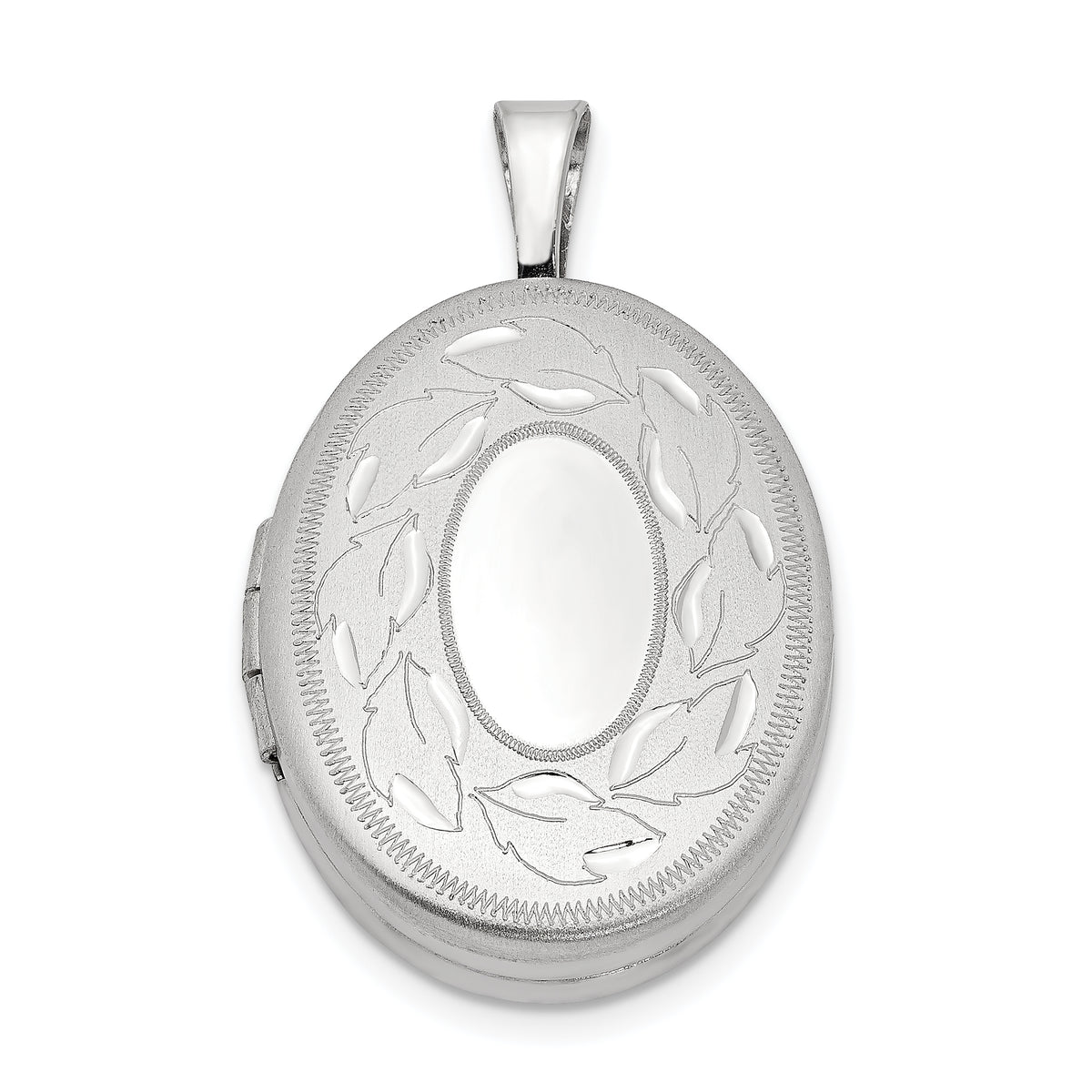 Sterling Silver Rhod-plated Polished & Satin Leaf Border 19mm Oval Locket