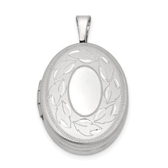 Sterling Silver Rhod-plated Polished & Satin Leaf Border 19mm Oval Locket