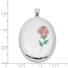 Sterling Silver Rhod-plated Satin & Polished Enamel Rose 34mm Oval Locket