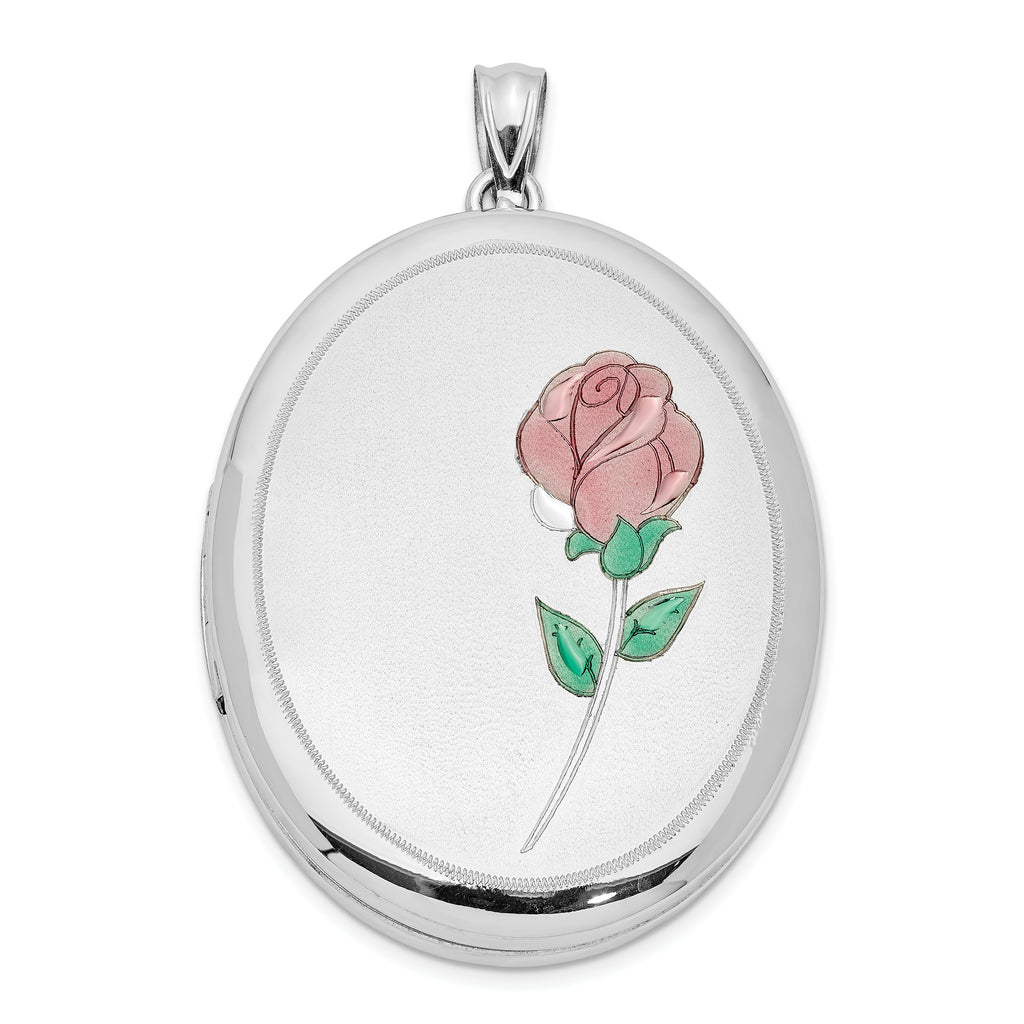 Sterling Silver Rhod-plated Satin & Polished Enamel Rose 34mm Oval Locket