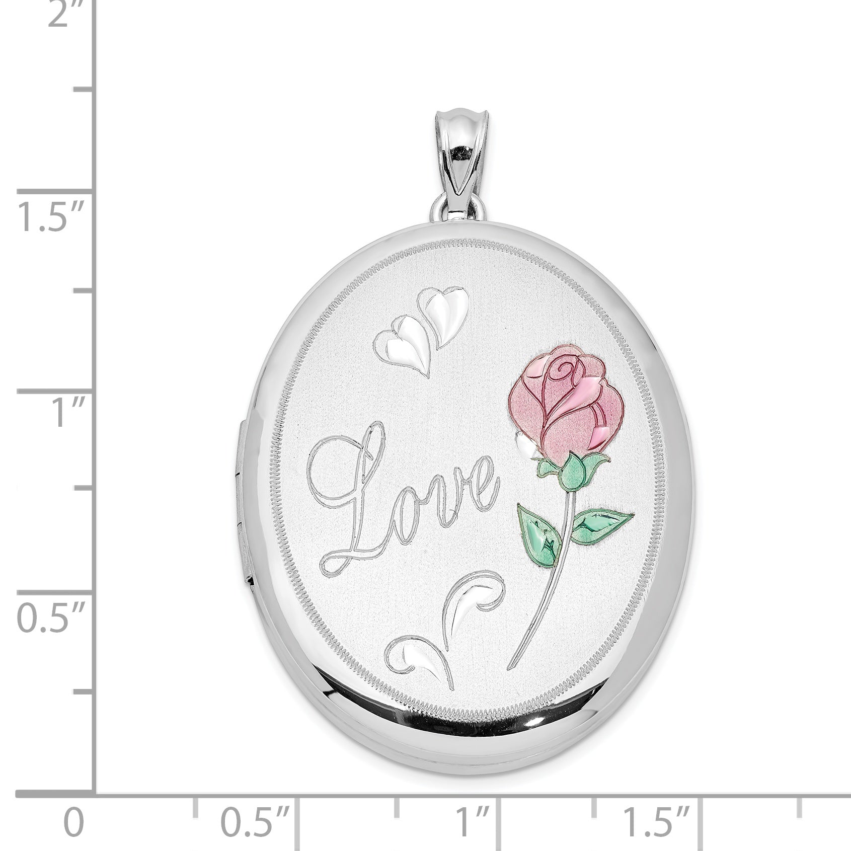 Sterling Silver Rhod-plated Satin Love With  Enameled Rose 34mm Oval Locket