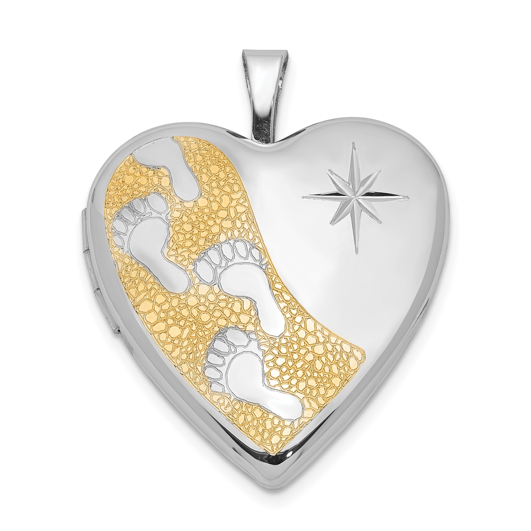 Sterling Silver Rhodium & Gold-plated Footprints 20mm Heart Locket