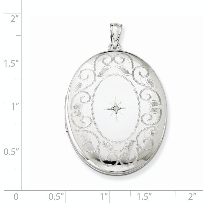 Sterling Silver Rhodium-plated & Diamond With  Swirl Border 34mm Oval Locket