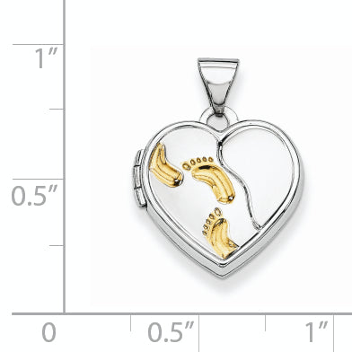 Sterling Silver Rhodium & Gold-plated 15m Heart Foot Prints Locket