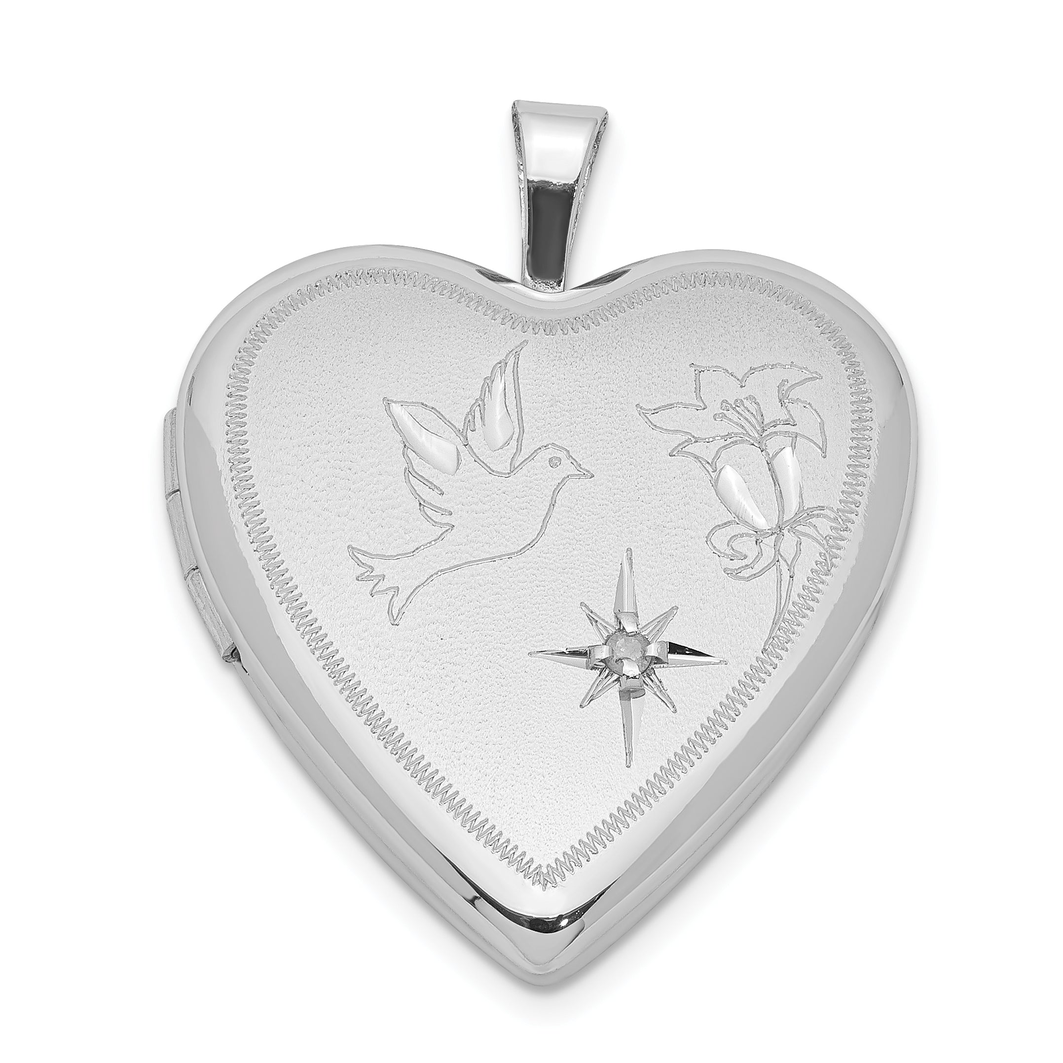 Sterling Silver Rhodium-plated Diamond D/C Dove & Flower Heart Locket Main image