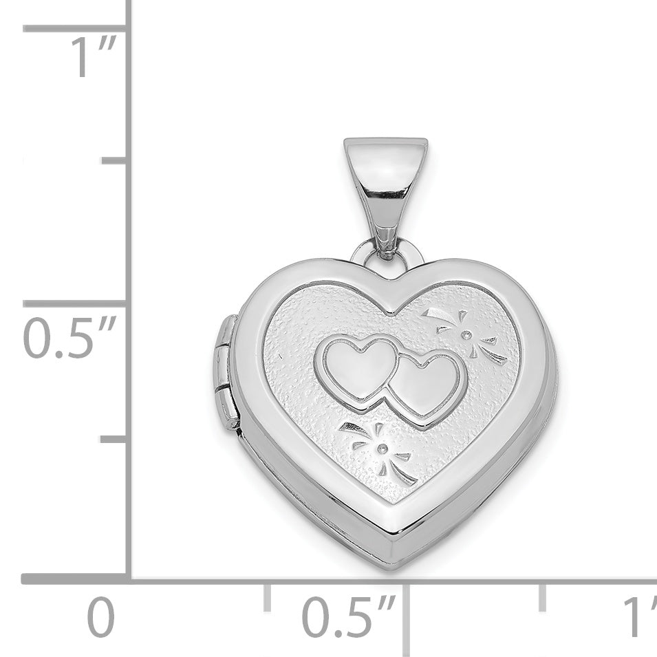 Sterling Silver Rhodium-plated 15mm Double Heart on Heart Locket