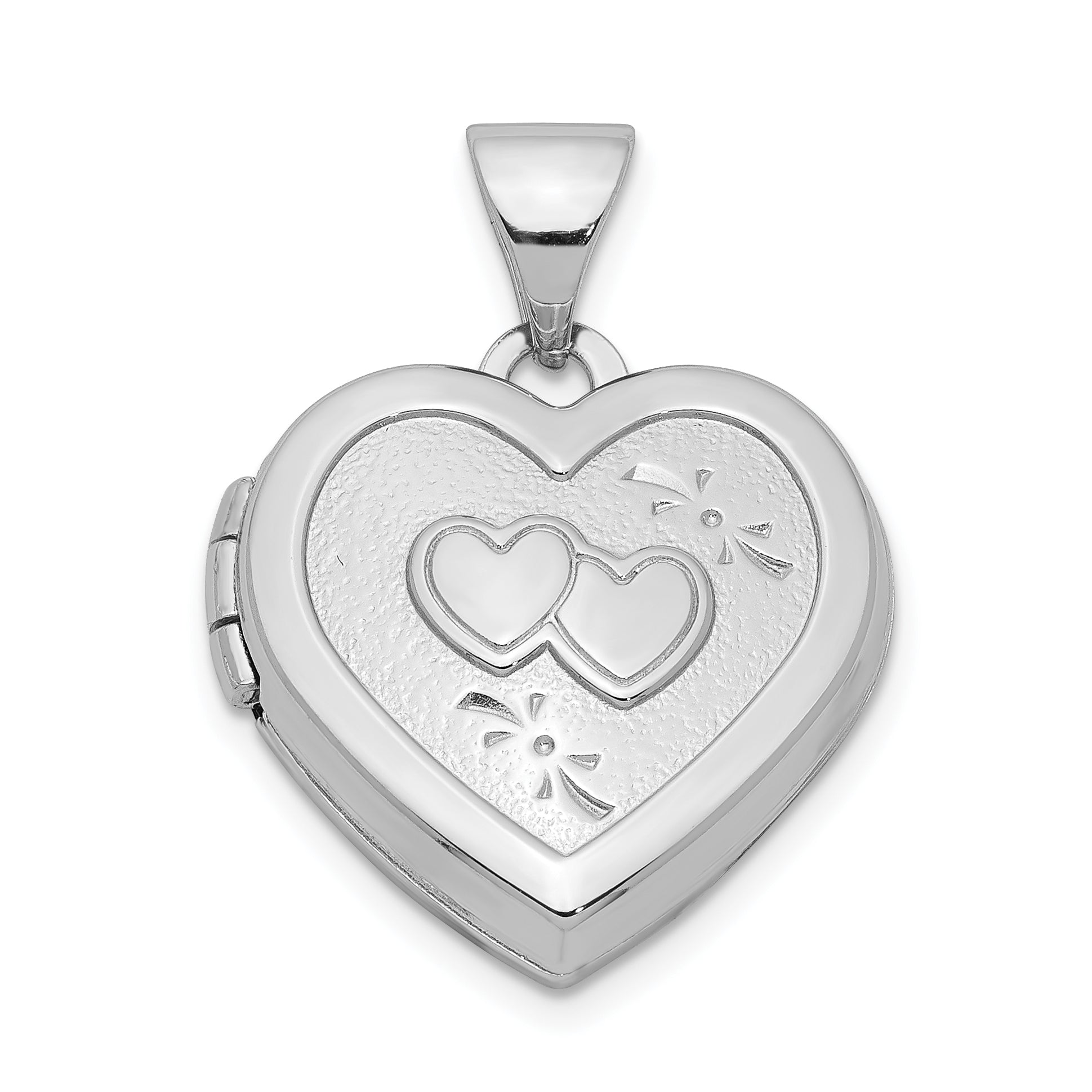 Sterling Silver Rhodium-plated 15mm Double Heart on Heart Locket