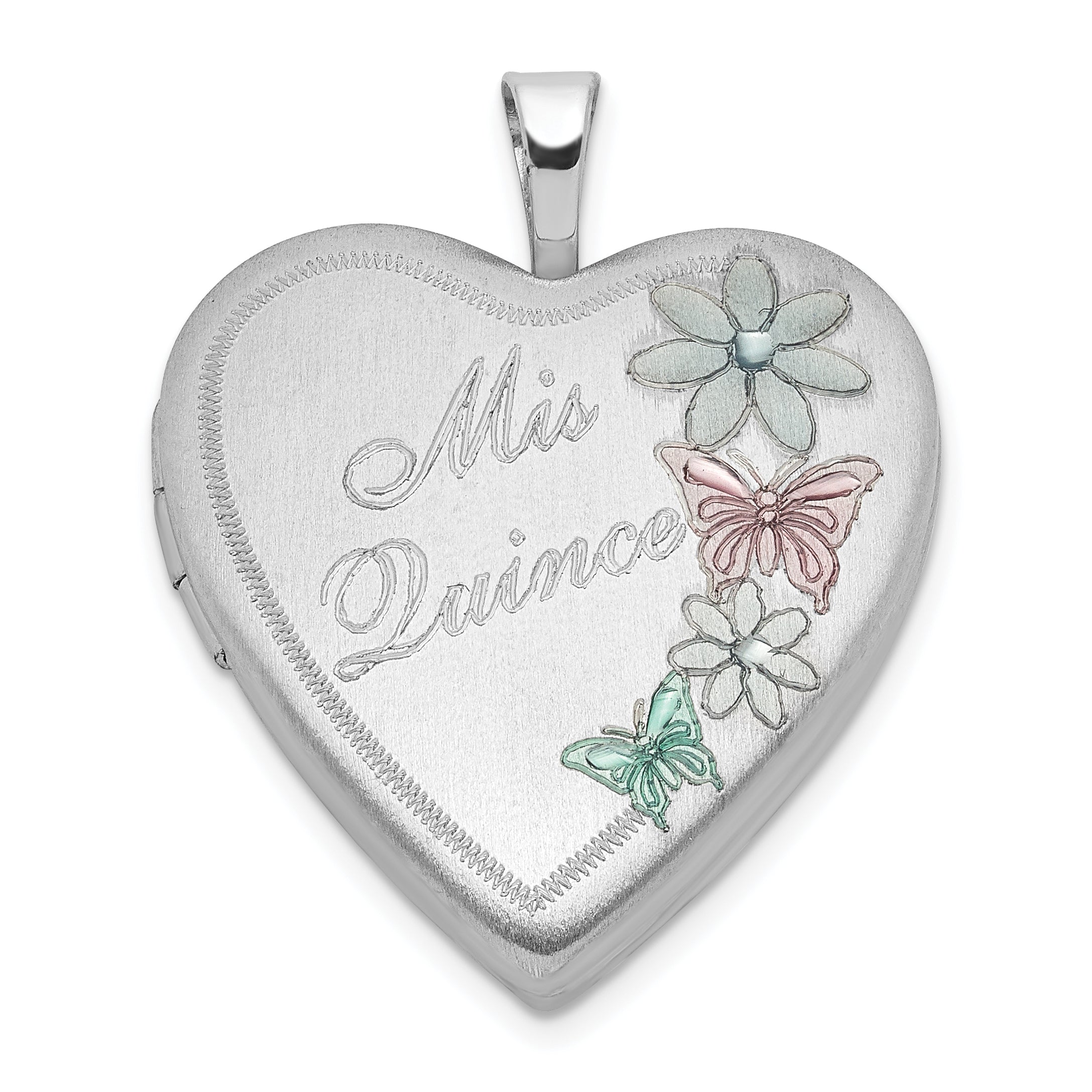 Sterling Silver Satin Enameled Mis Quince Butterfly Heart Locket Main image
