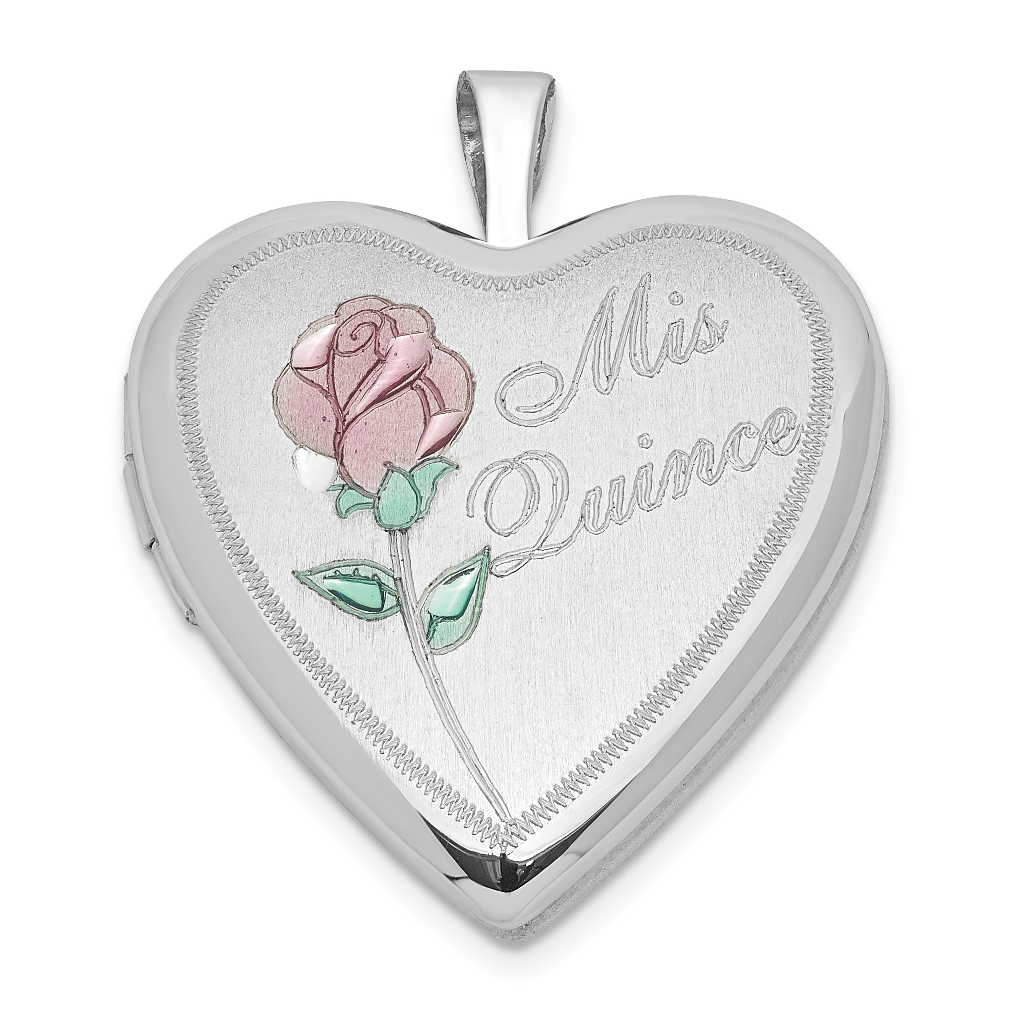 Sterling Silver Polished & Satin 20mm Enameled Rose Mis Quince Heart Locket Main image