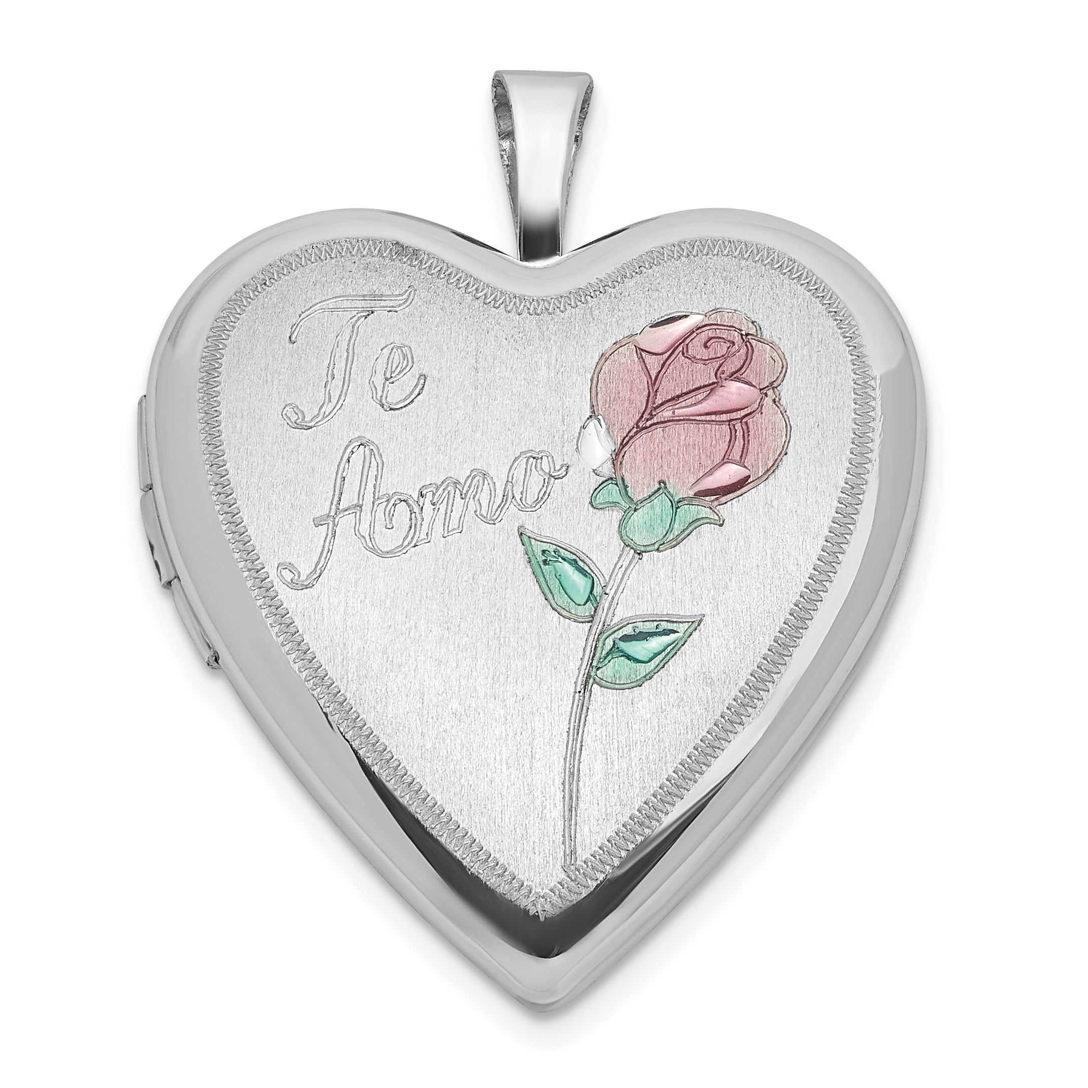 Sterling Silver Polished & Satin 20mm Enameled Rose Te Amo Heart Locket Main image