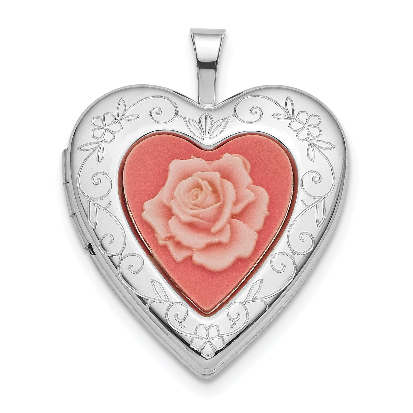 Sterling Silver Rhod-pltd 20mm Pink Resin Rose Cameo Heart Locket Main image