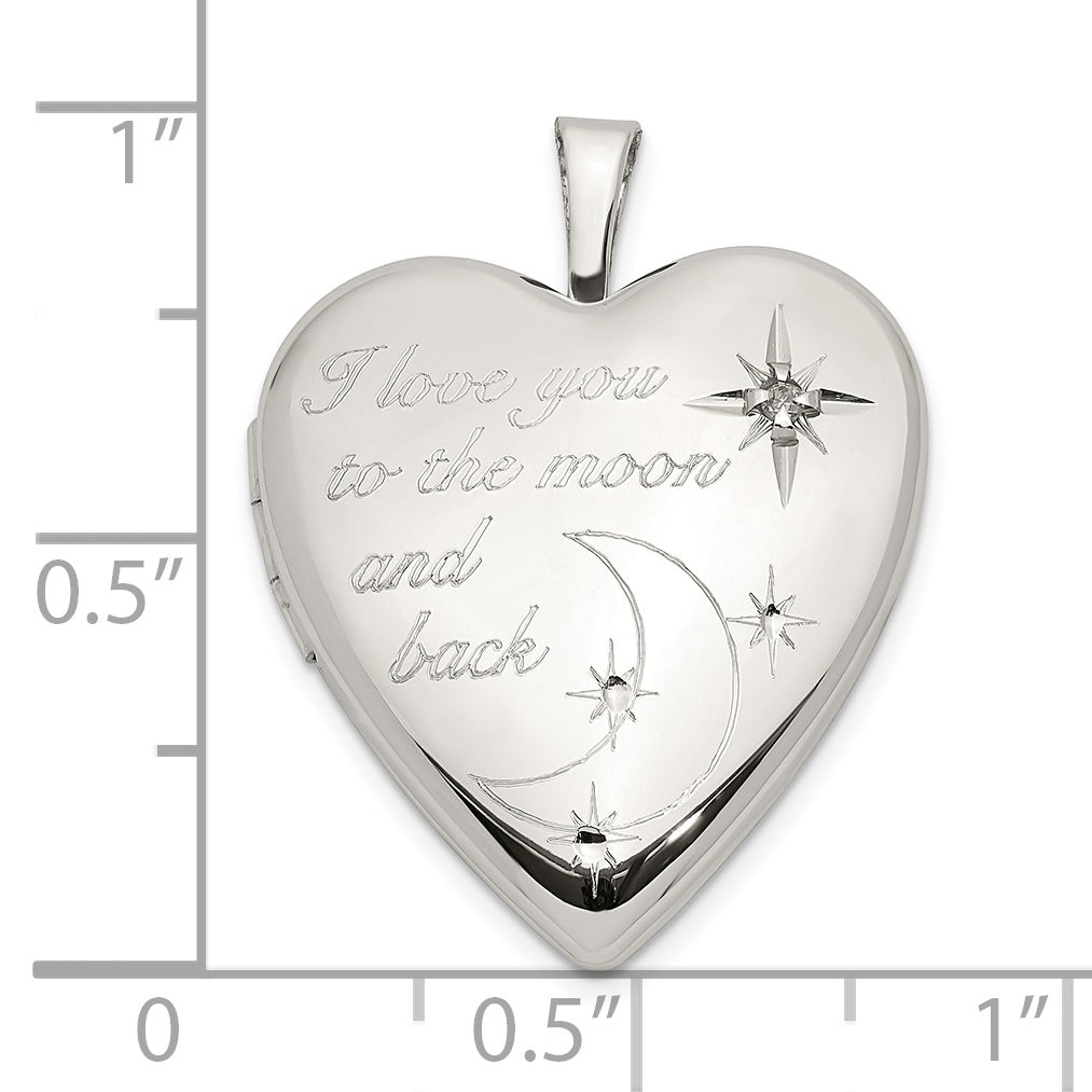 Sterling Silver 20mm LOVE TO THE MOON Diamond Heart Locket