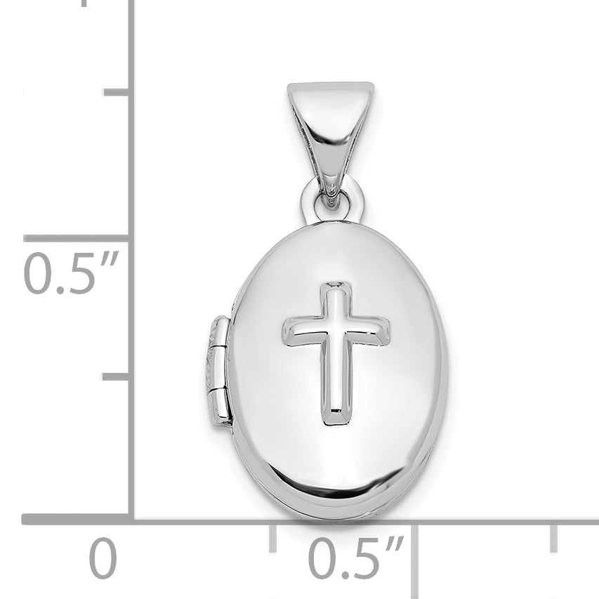 Sterling Silver Rhodium-plated Cross 16mm Oval Locket