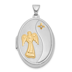 Sterling Silver RH-pltd w/Yellow Rhod Dia God Bless Angel Family Locket