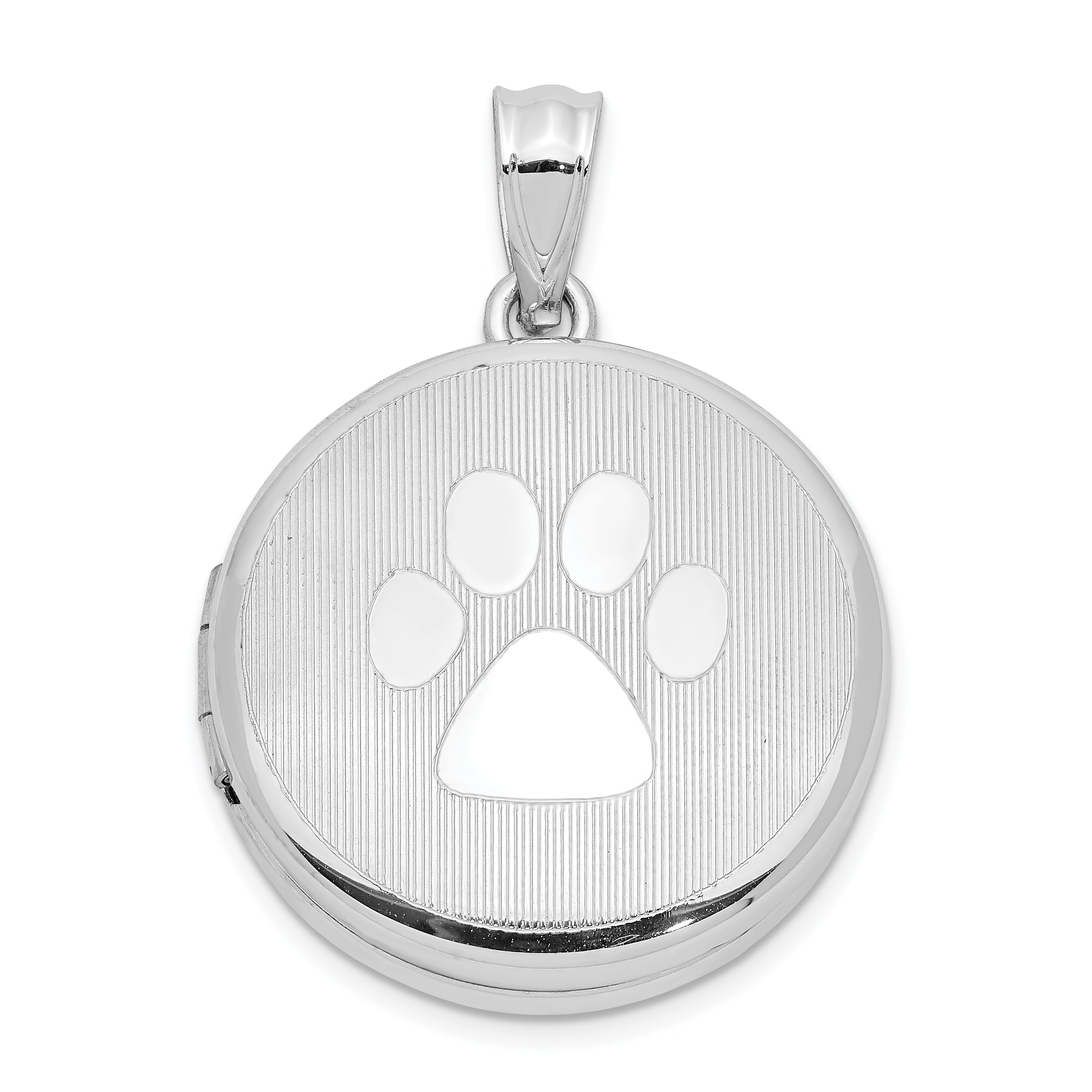 Sterling Silver Rhodium 20mm Grooved & Polished Pawprint Round Locket
