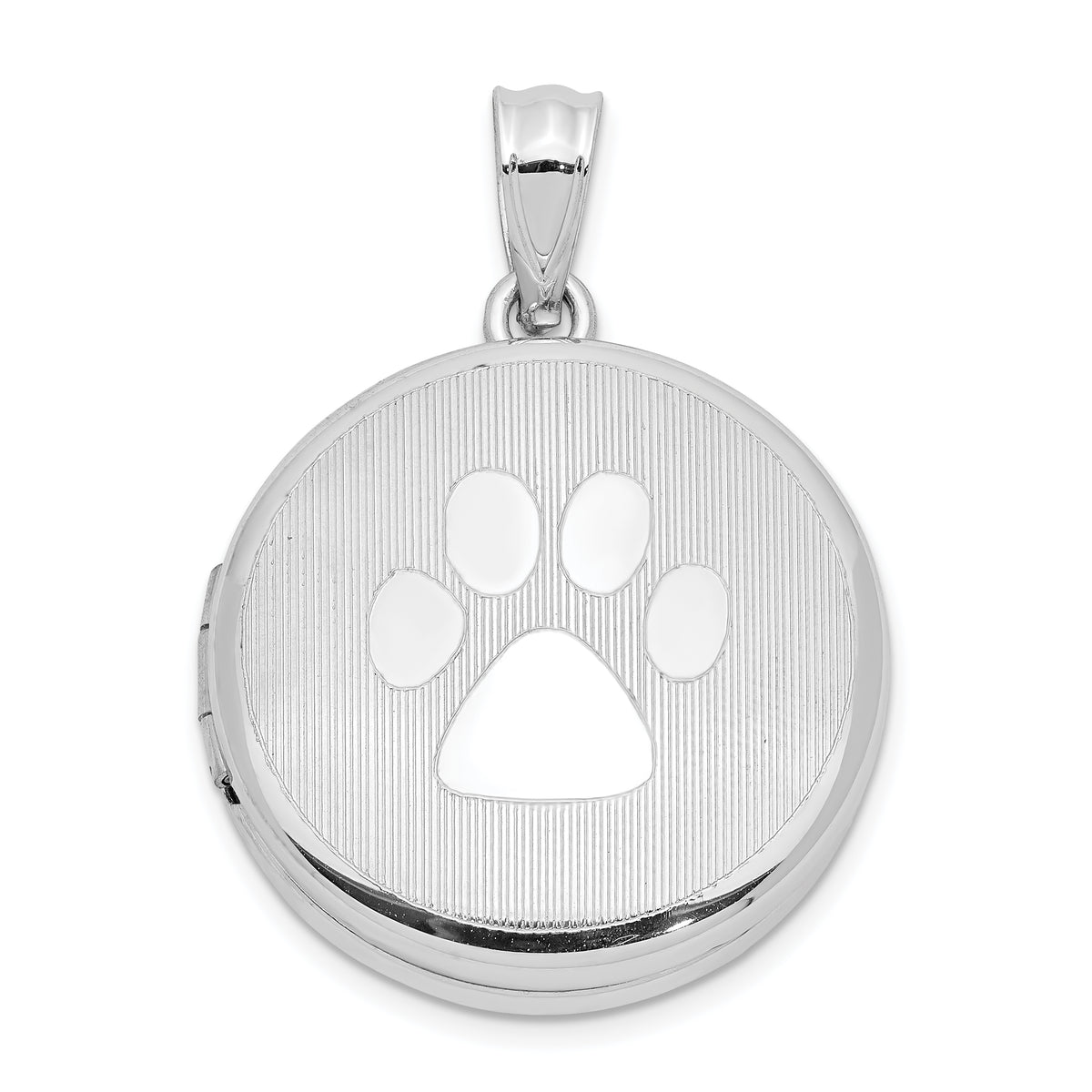 Sterling Silver Rhodium 20mm Grooved & Polished Pawprint Round Locket