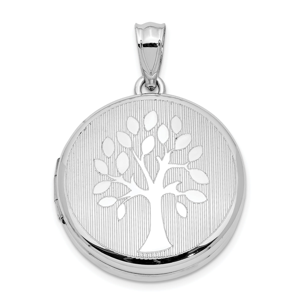 Sterling Silver Rhodium-plated 20mm Grooved & Polished Tree Round Locket