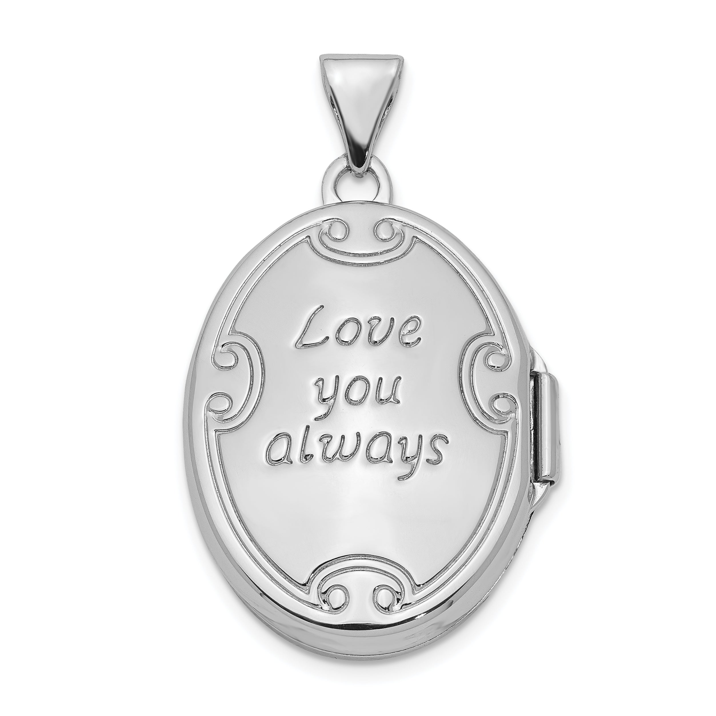 Sterling Silver Rhodium-plated 21mm Scroll Oval Love Always Locket