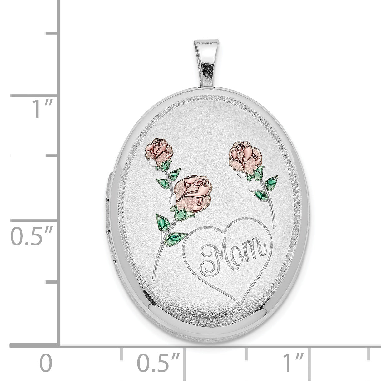 Sterling Silver RH 26mm Satin/Polished Enameled Roses Mom Oval Locket