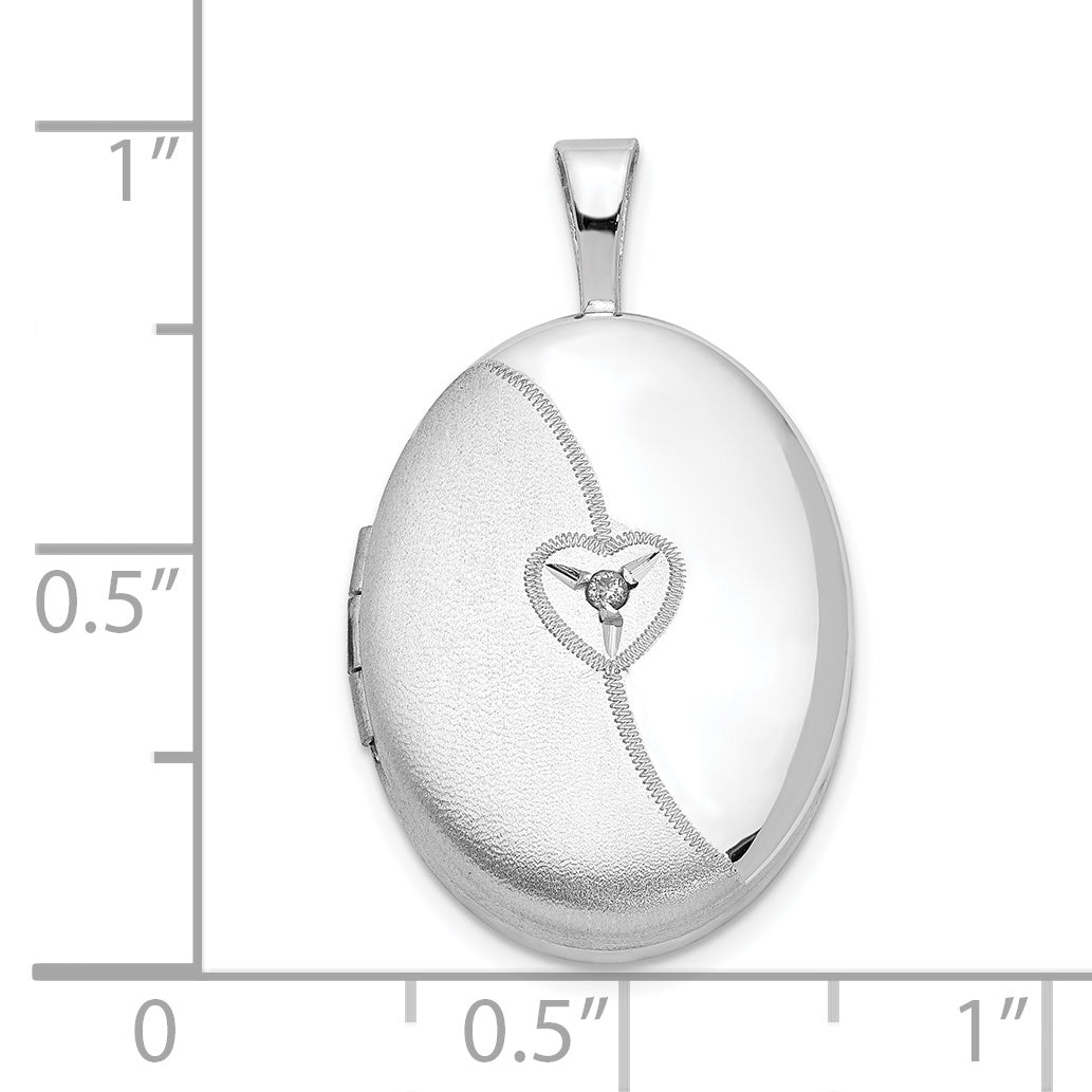 Sterling Silver Rhod-plated 19mm Diamond Satin & Polished Heart Oval Locket