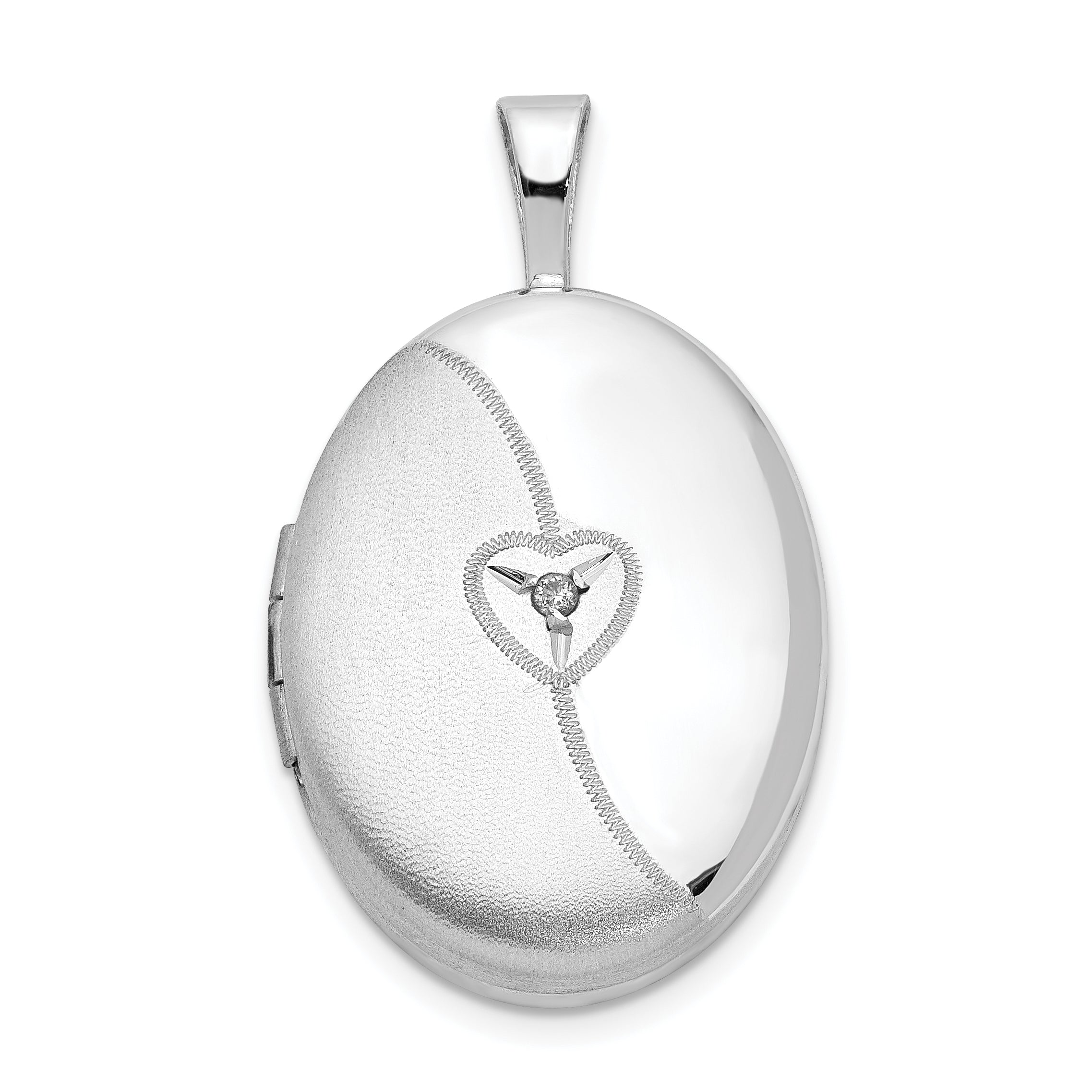 Sterling Silver Rhod-plated 19mm Diamond Satin & Polished Heart Oval Locket Main image