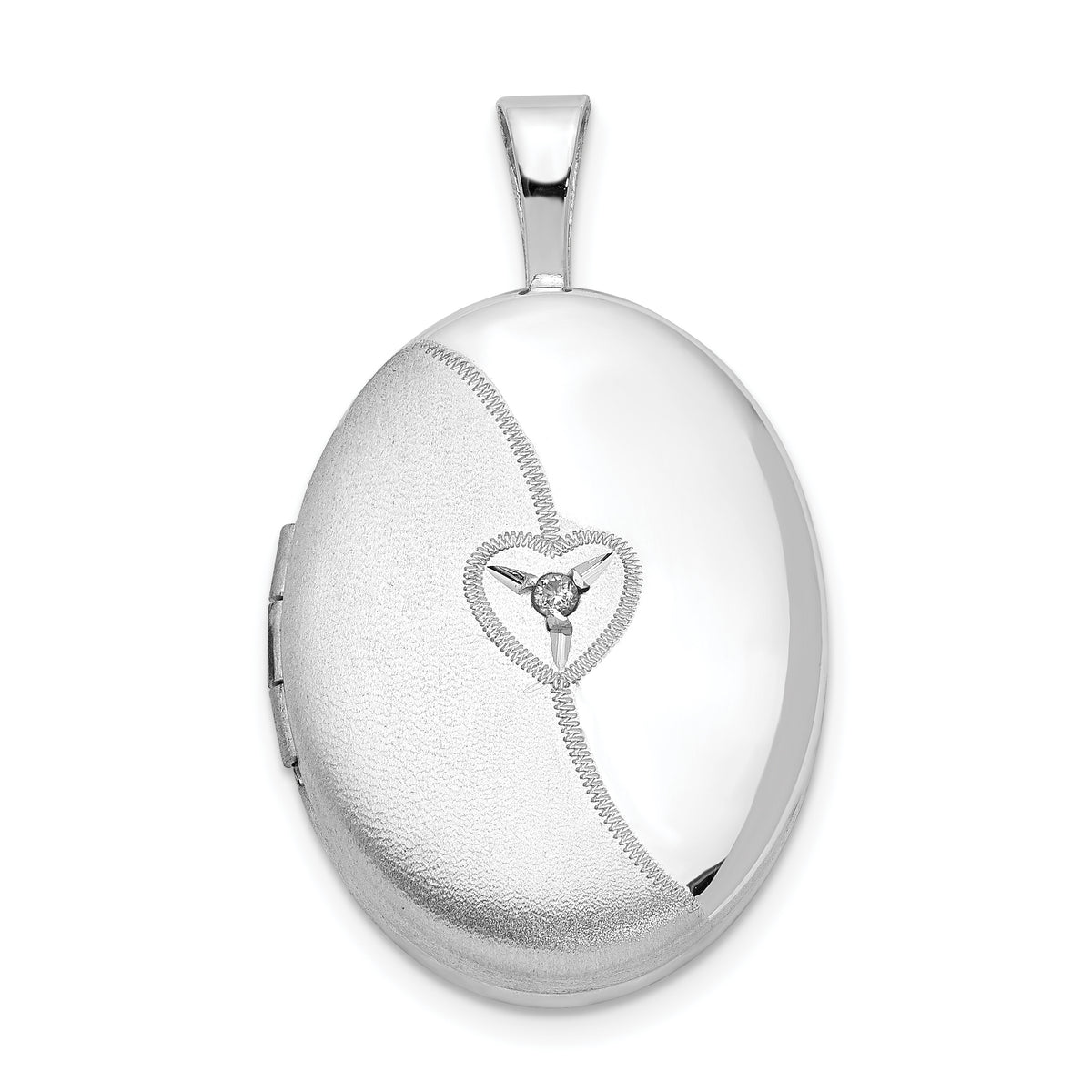 Sterling Silver Rhod-plated 19mm Diamond Satin & Polished Heart Oval Locket