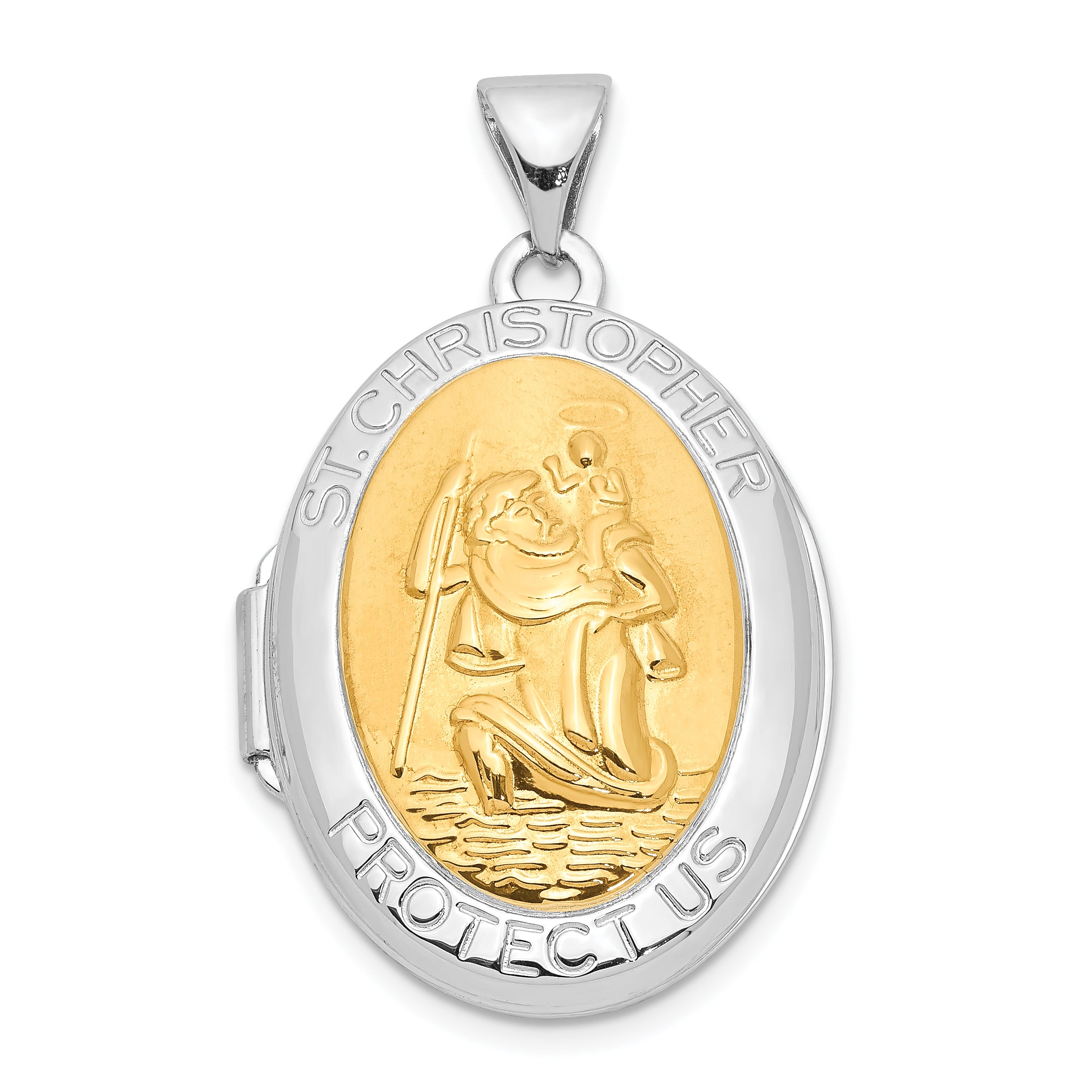 Sterling Silver RH-pltd w/Yellow Rhod 23mm St Christopher Oval Locket