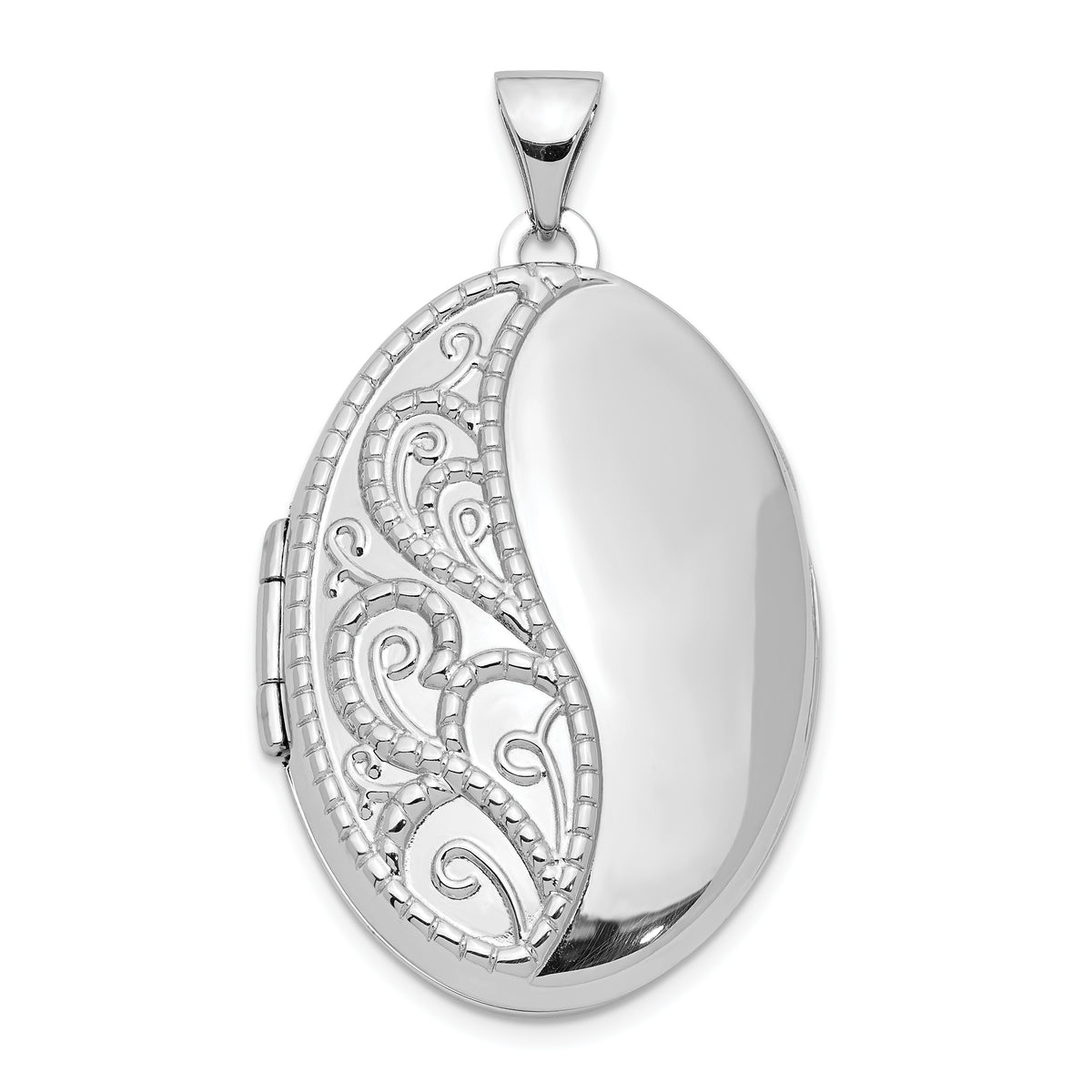 Sterling Silver Rhodium-plated 26mm Scroll Oval Locket