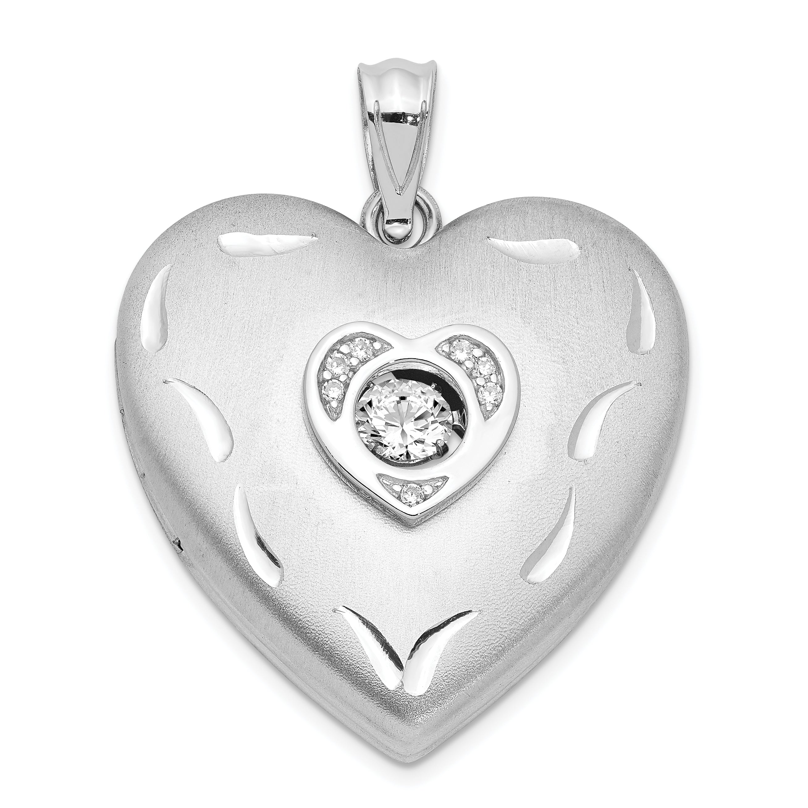 Sterling Silver Rhodium-plated Satin Diamond & Vibrant CZ Heart Locket