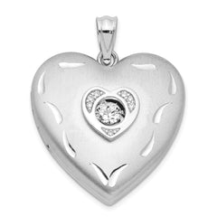 Sterling Silver Rhodium-plated Satin Diamond & Vibrant CZ Heart Locket