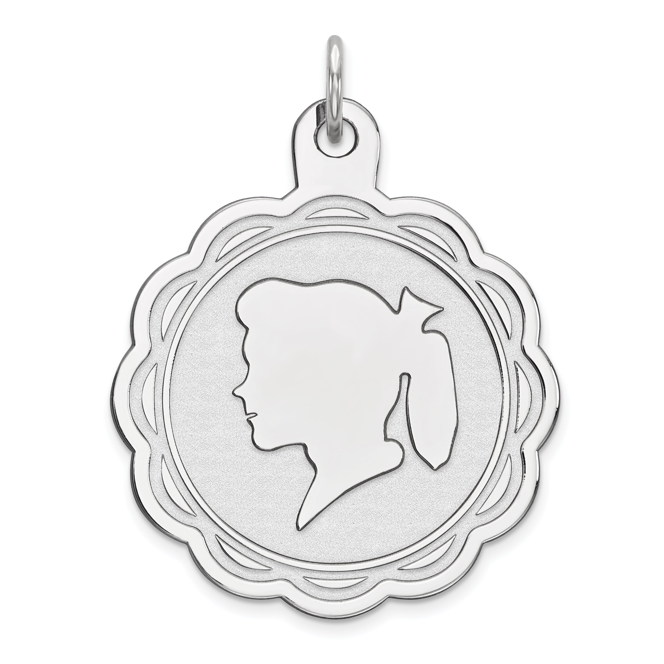 Sterling Silver Rhodium-plated Engraveable Girl Disc Charm