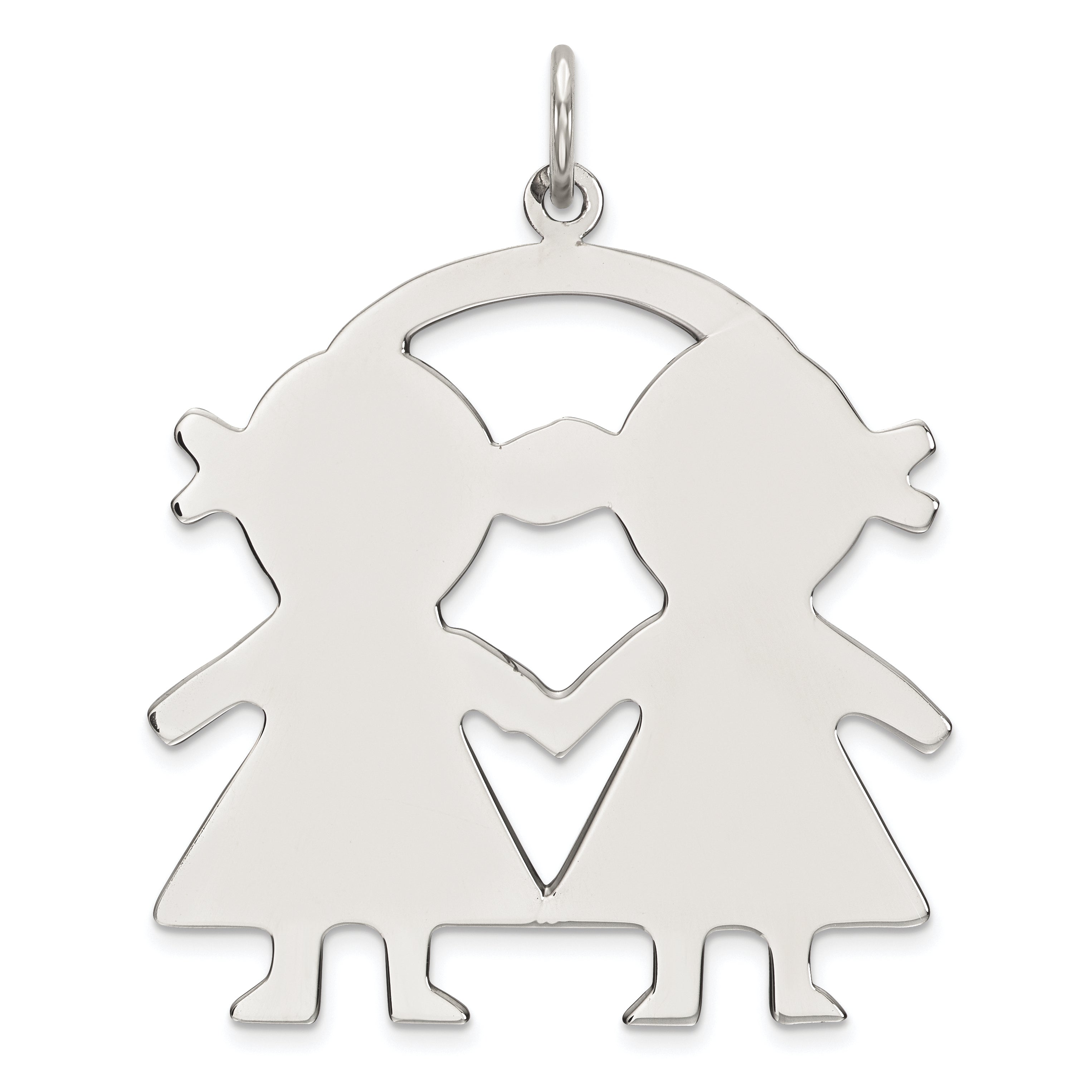 SS Rh-plt Engraveable Girl/Girl Polished Front/Satin Back Disc Charm