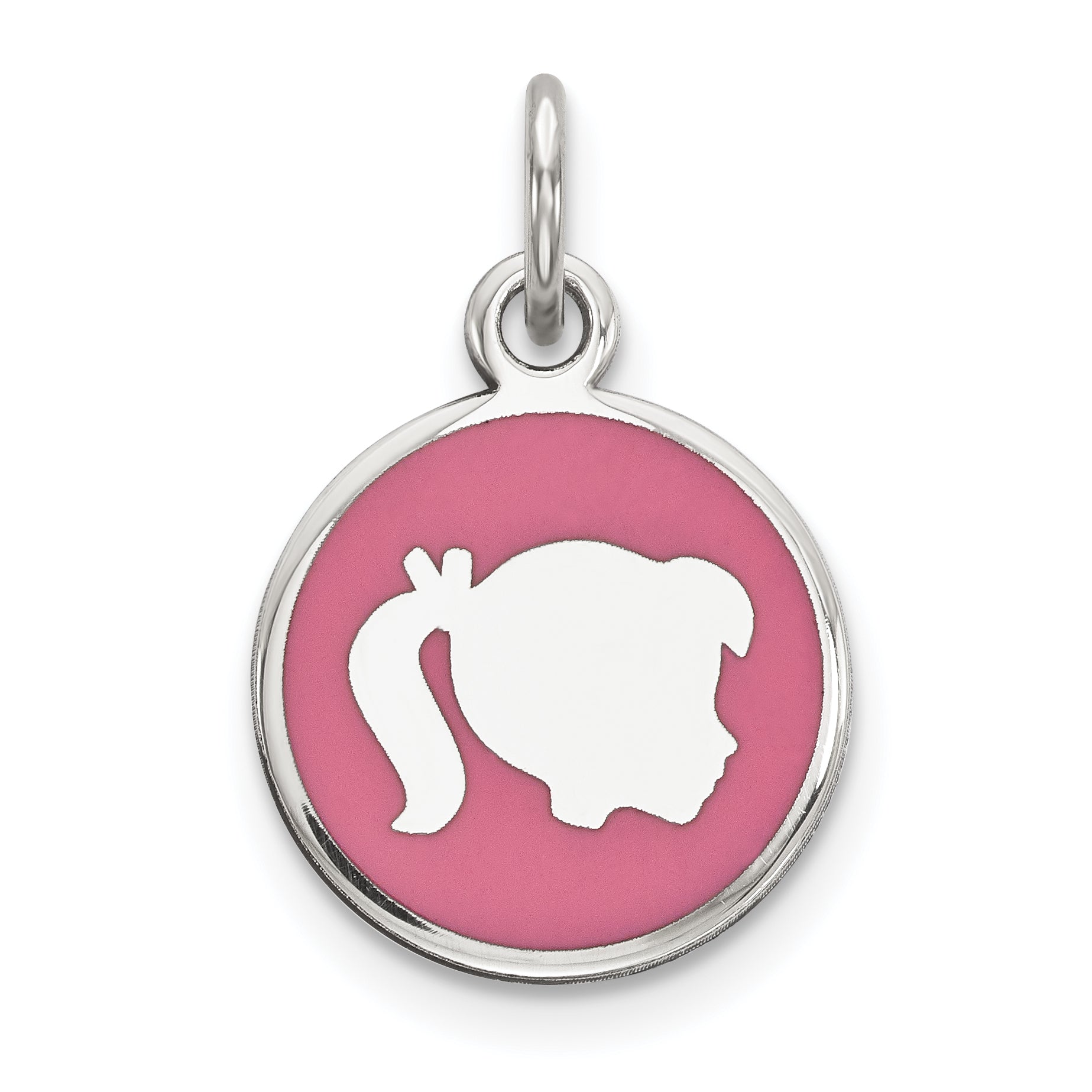 Sterling Silver Rhod-plate Pink Enamel Right Facing Girl Head Disc Charm Main image
