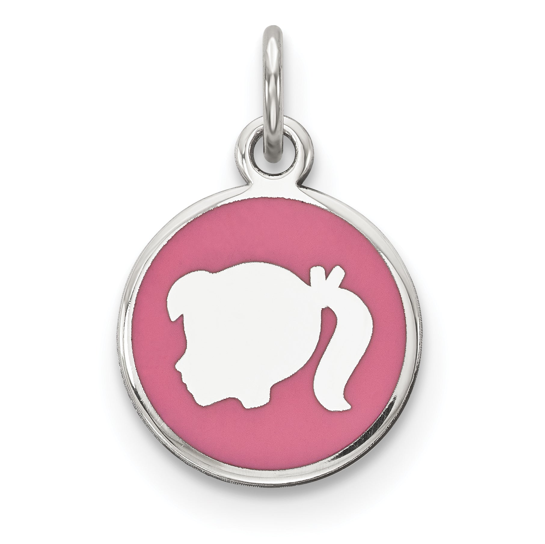 Sterling Silver Rhod-plate Pink Enamel Left Facing Girl Head Disc Charm Main image