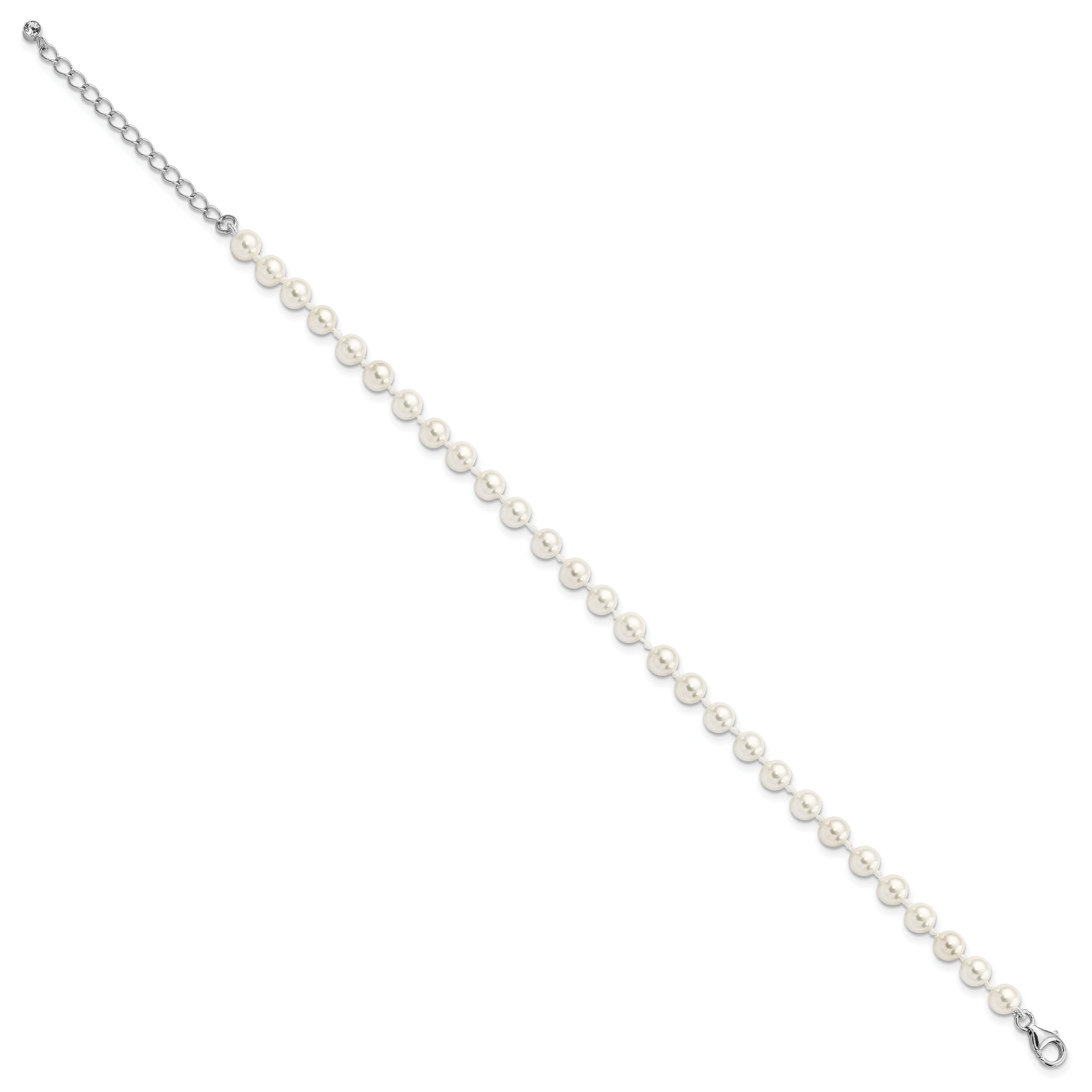 Majestik Sterling Silver Rhodium-plated 5-6mm Imitation Shell Pearl and CZ 8.5 inch Anklet with 2 inch Extender