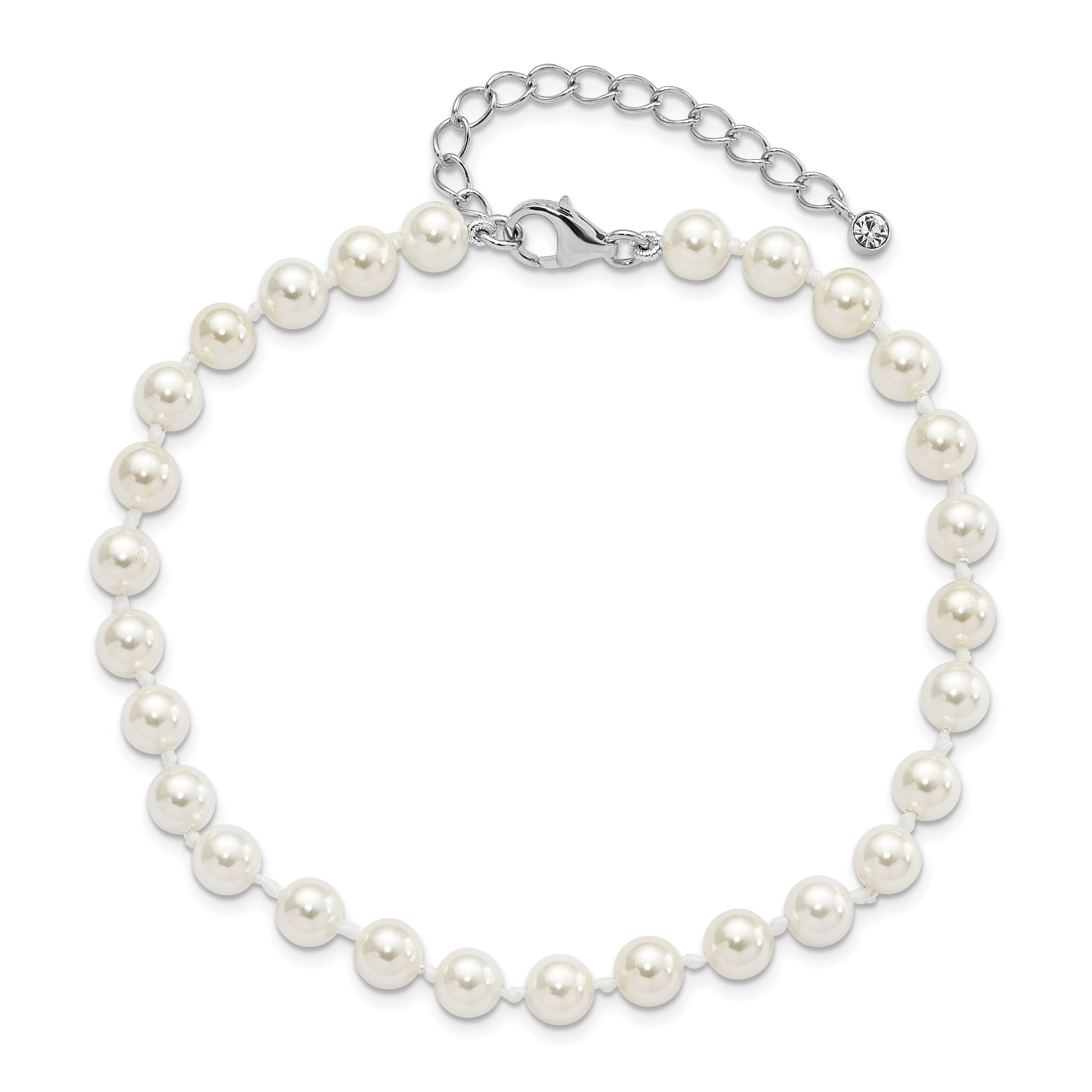 Majestik Sterling Silver Rhodium-plated 5-6mm Imitation Shell Pearl and CZ 8.5 inch Anklet with 2 inch Extender