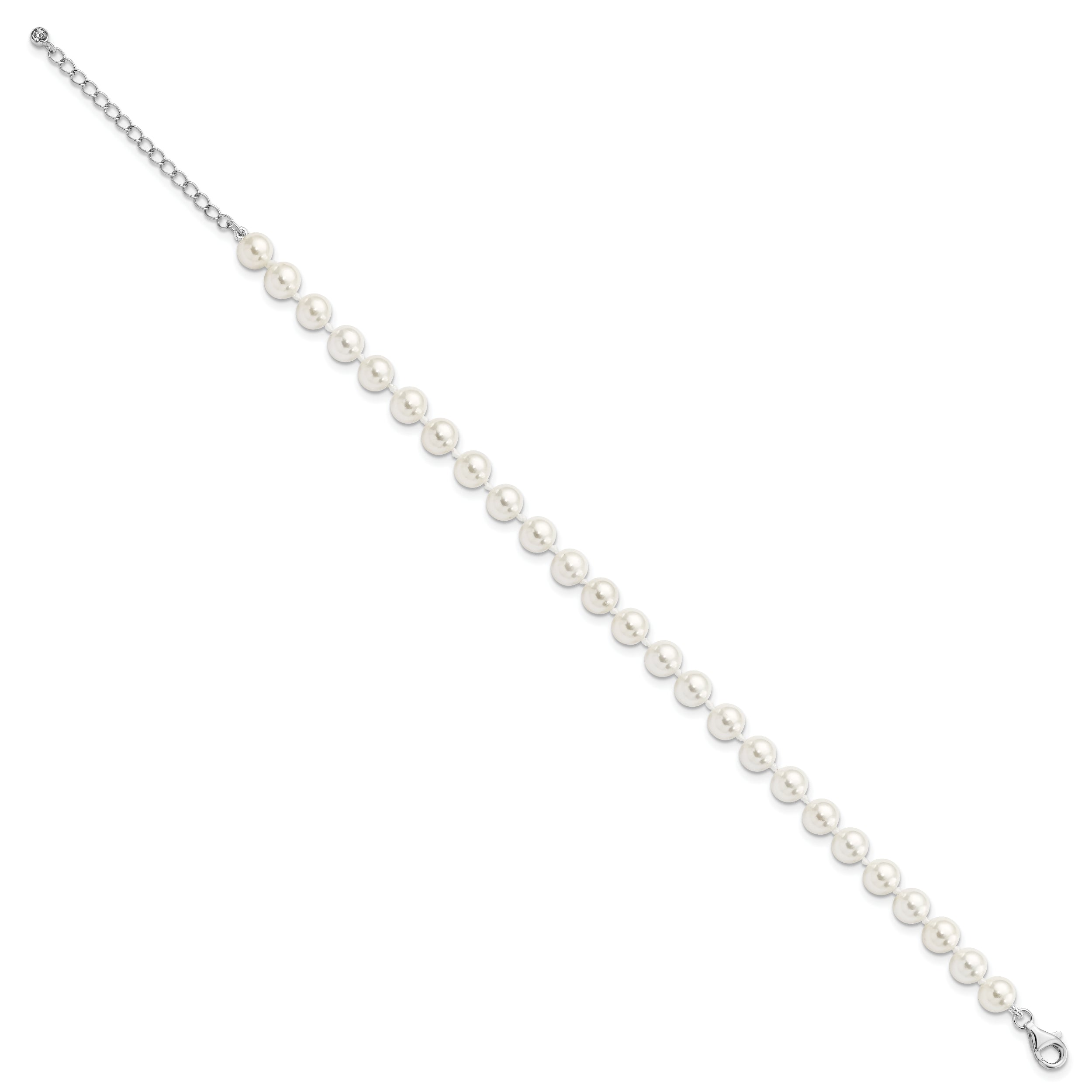 Majestik Sterling Silver Rhodium-plated 7-8mm Imitation Shell Pearl and CZ 8.5 inch Anklet with 2 inch Extender