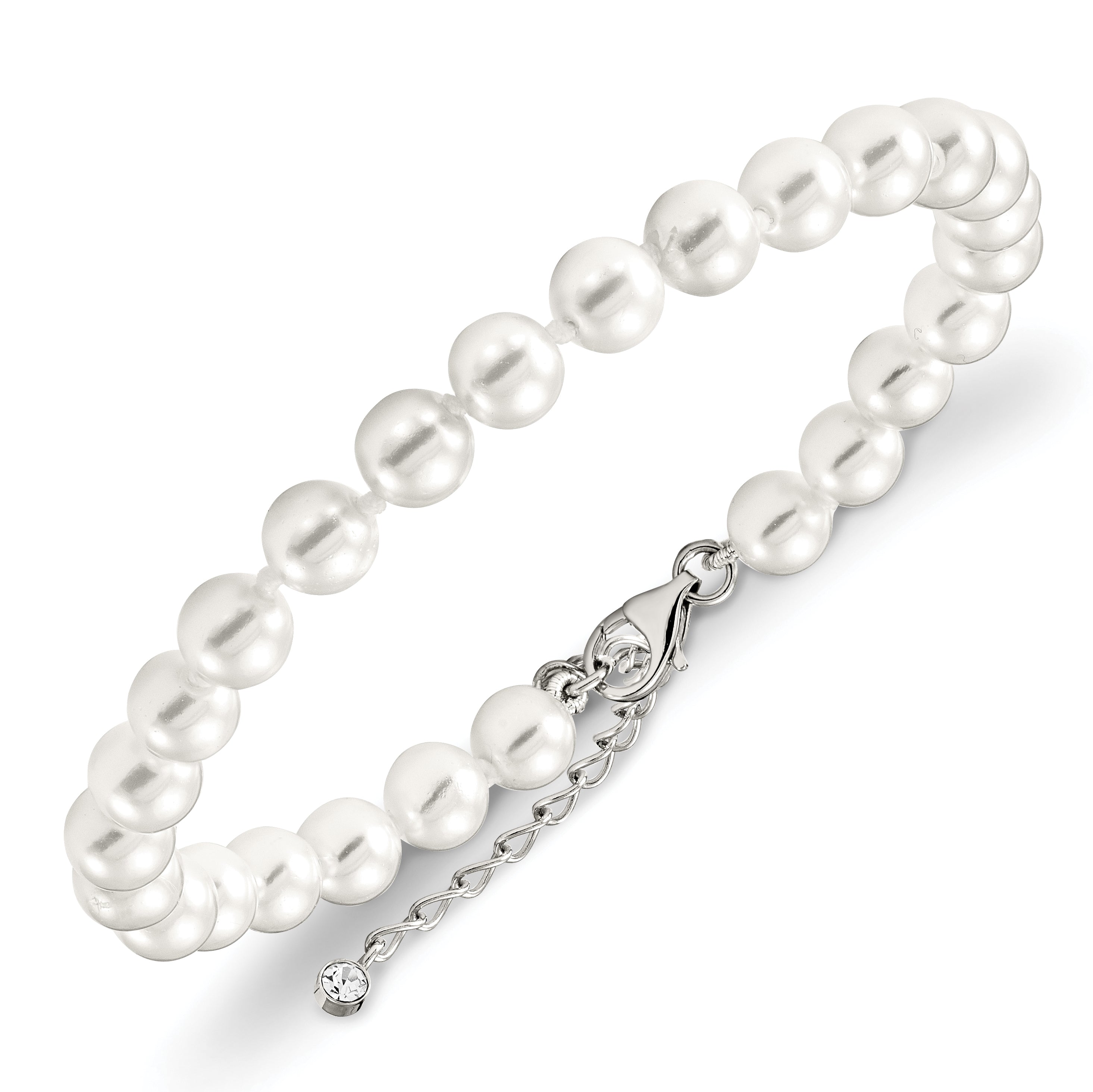 Majestik Sterling Silver Rhodium-plated 7-8mm Imitation Shell Pearl and CZ 8.5 inch Anklet with 2 inch Extender