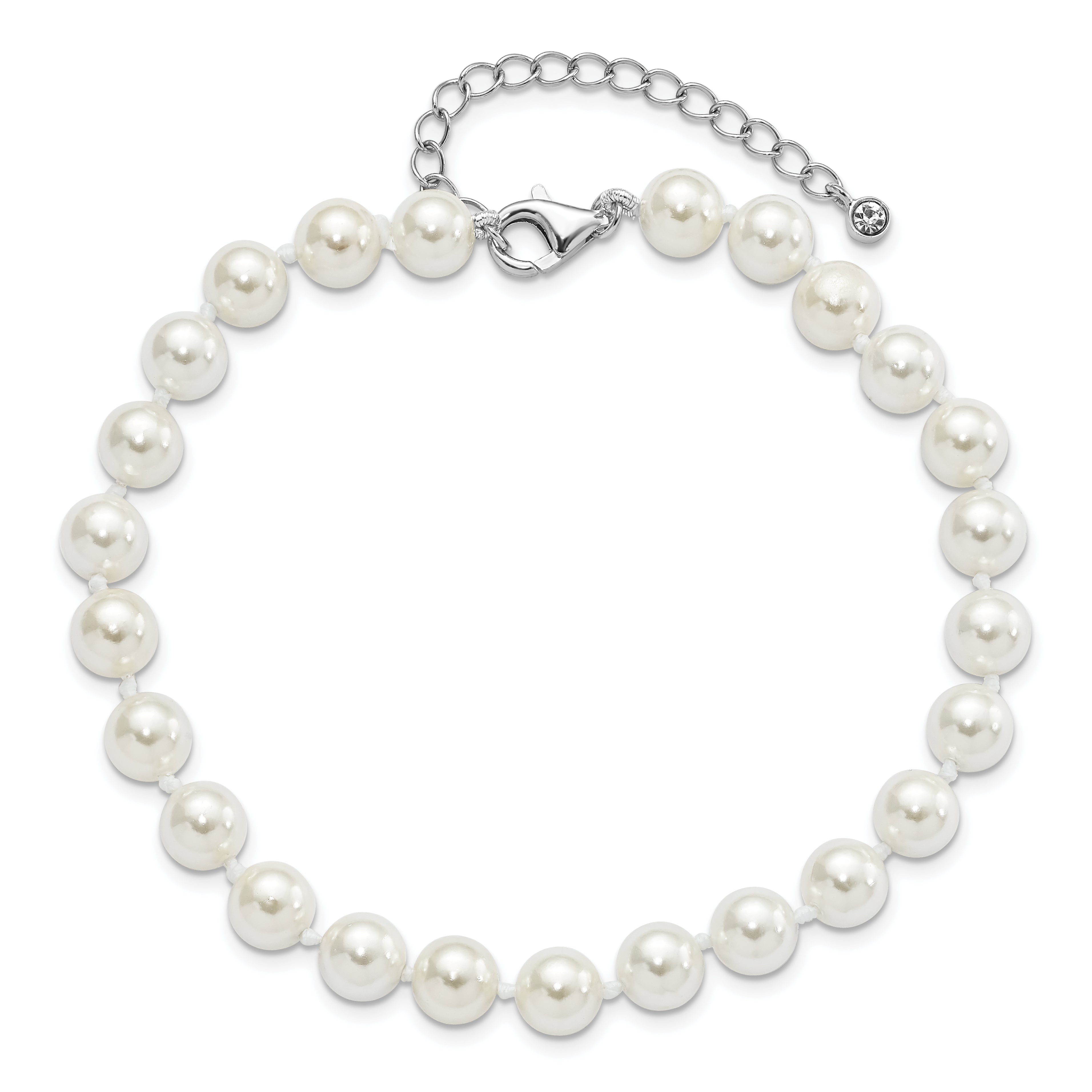 Majestik Sterling Silver Rhodium-plated 7-8mm Imitation Shell Pearl and CZ 8.5 inch Anklet with 2 inch Extender