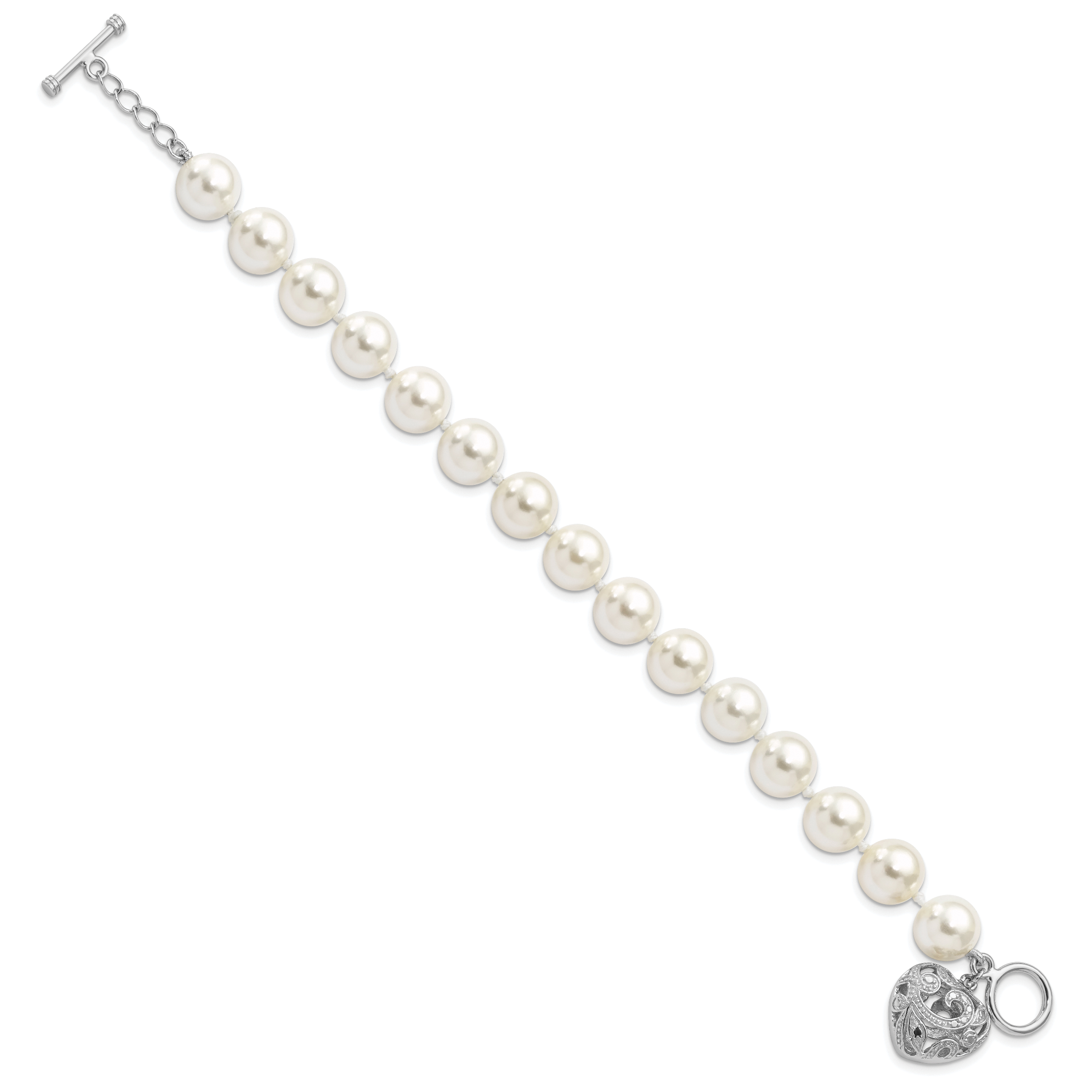 Majestik Sterling Silver Rhodium-plated 10-11mm White Imitation Shell Pearl with Heart Hand-knotted Bracelet Secondary image