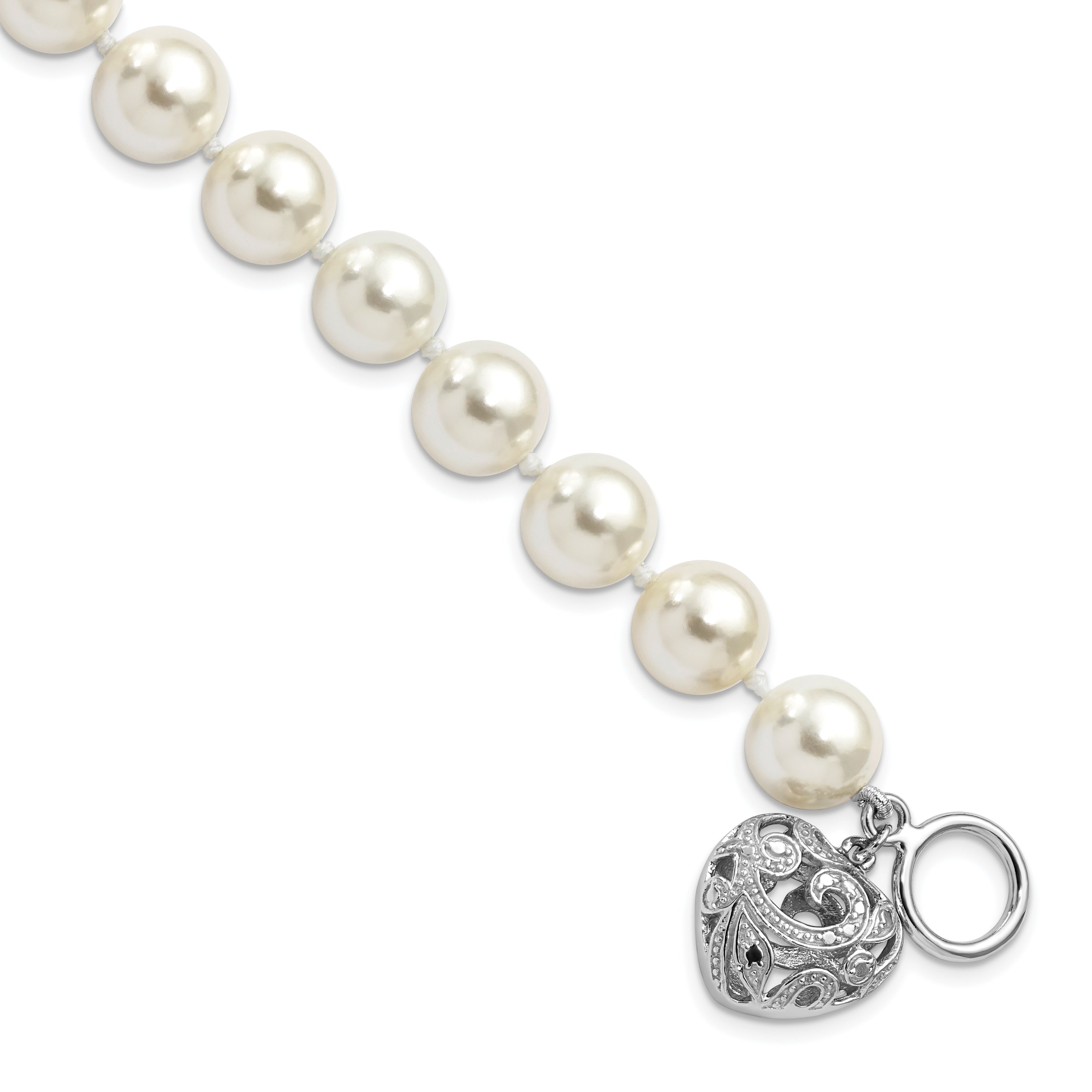 Majestik Sterling Silver Rhodium-plated 10-11mm White Imitation Shell Pearl with Heart Hand-knotted Bracelet Main image