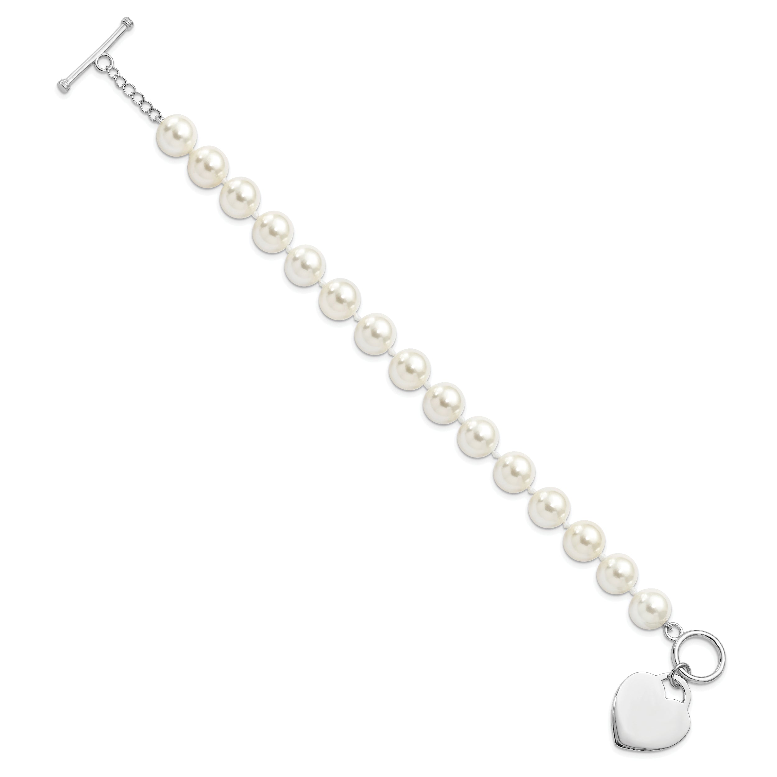 Majestik Sterling Silver Rhodium-plated 10-11mm White Imitation Shell Pearl Engravable Heart Hand-knotted Bracelet