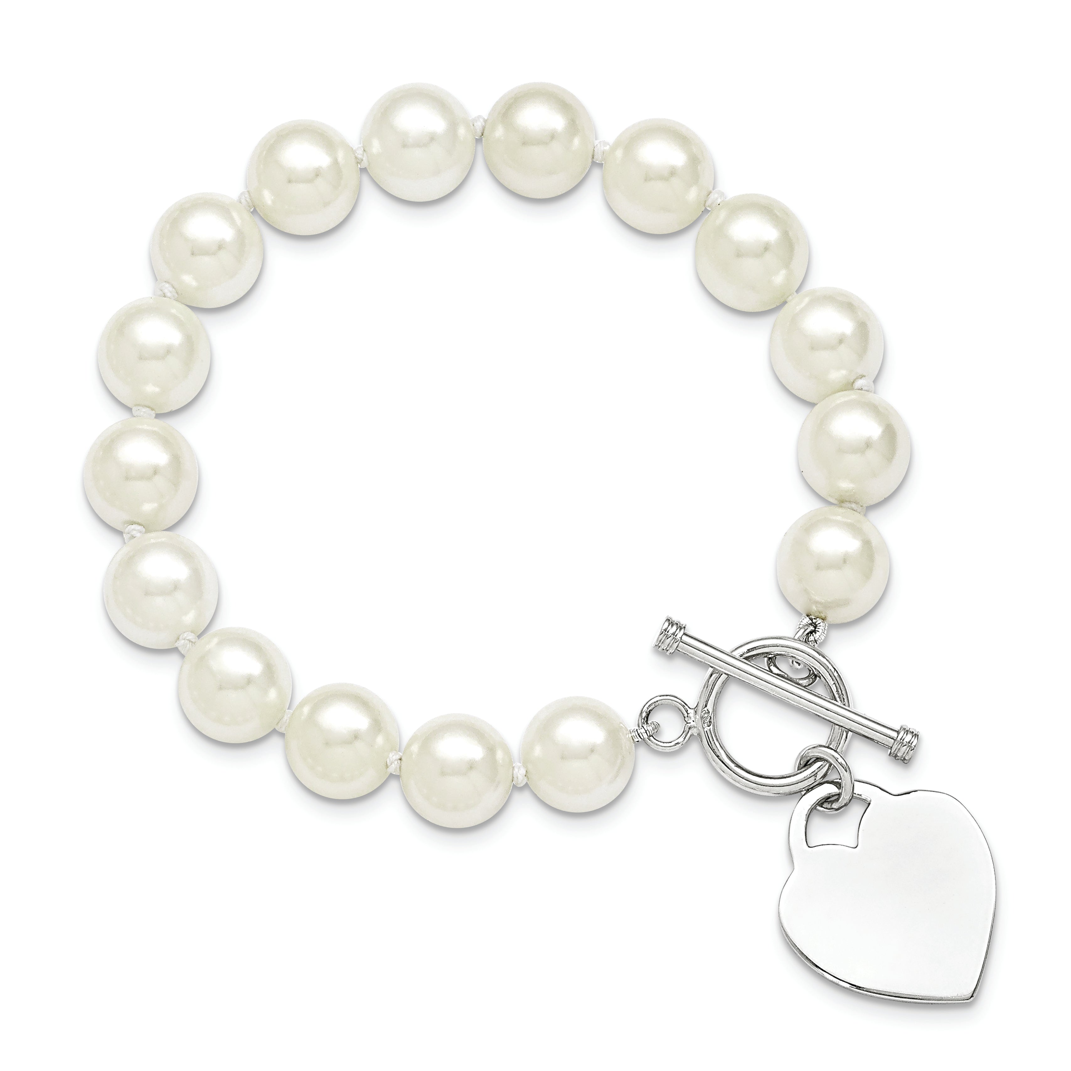 Majestik Sterling Silver Rhodium-plated 10-11mm White Imitation Shell Pearl Engravable Heart Hand-knotted Bracelet