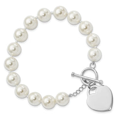 Majestik Sterling Silver Rhodium-plated 10-11mm White Imitation Shell Pearl Engravable Heart Hand-knotted Bracelet