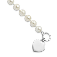 Majestik Sterling Silver Rhodium-plated 10-11mm White Imitation Shell Pearl Engravable Heart Hand-knotted Bracelet