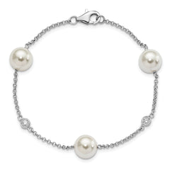 Majestik Sterling Silver Rhodium-plated 10-11mm White Imitation Shell Pearl and CZ Hand-knotted Station Bracelet