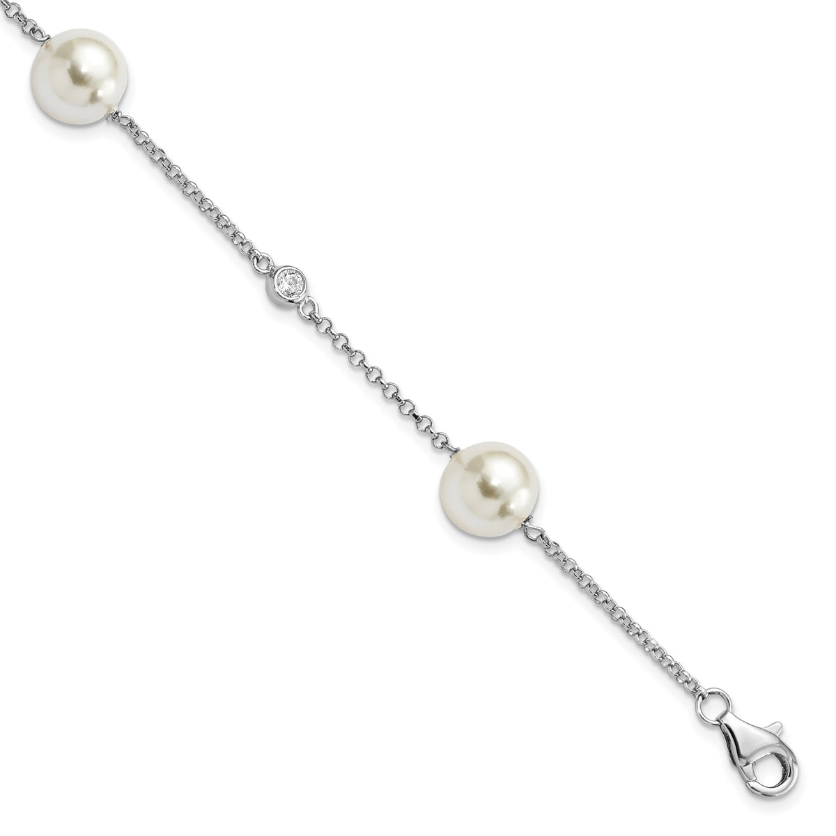 Majestik Sterling Silver Rhodium-plated 10-11mm White Imitation Shell Pearl and CZ Hand-knotted Station Bracelet